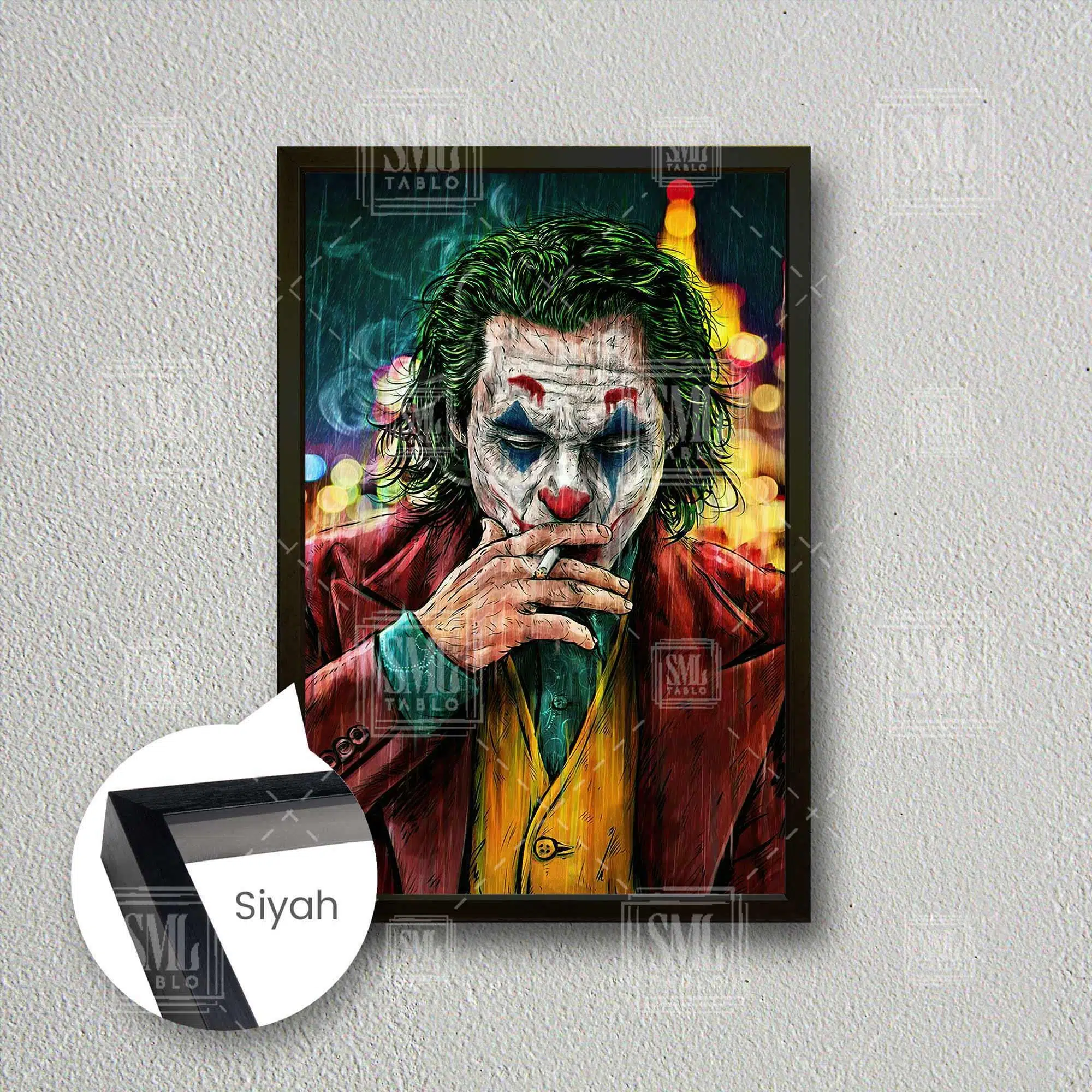 Sigara İçen Joker Yağmur Batman Kırmızı Ceket Çerçeveli Dikey Kanvas Tablo - Siyah