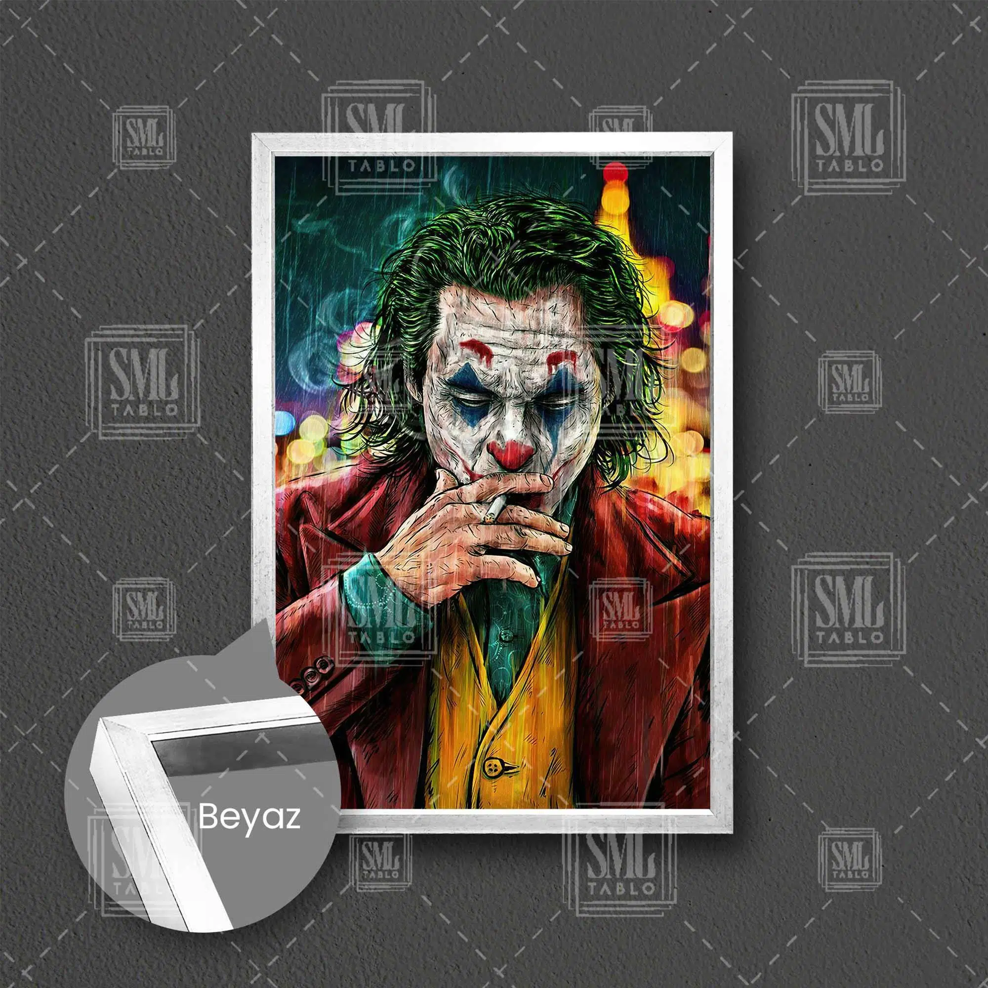 Sigara İçen Joker Yağmur Batman Kırmızı Ceket Çerçeveli Dikey Kanvas Tablo - Beyaz