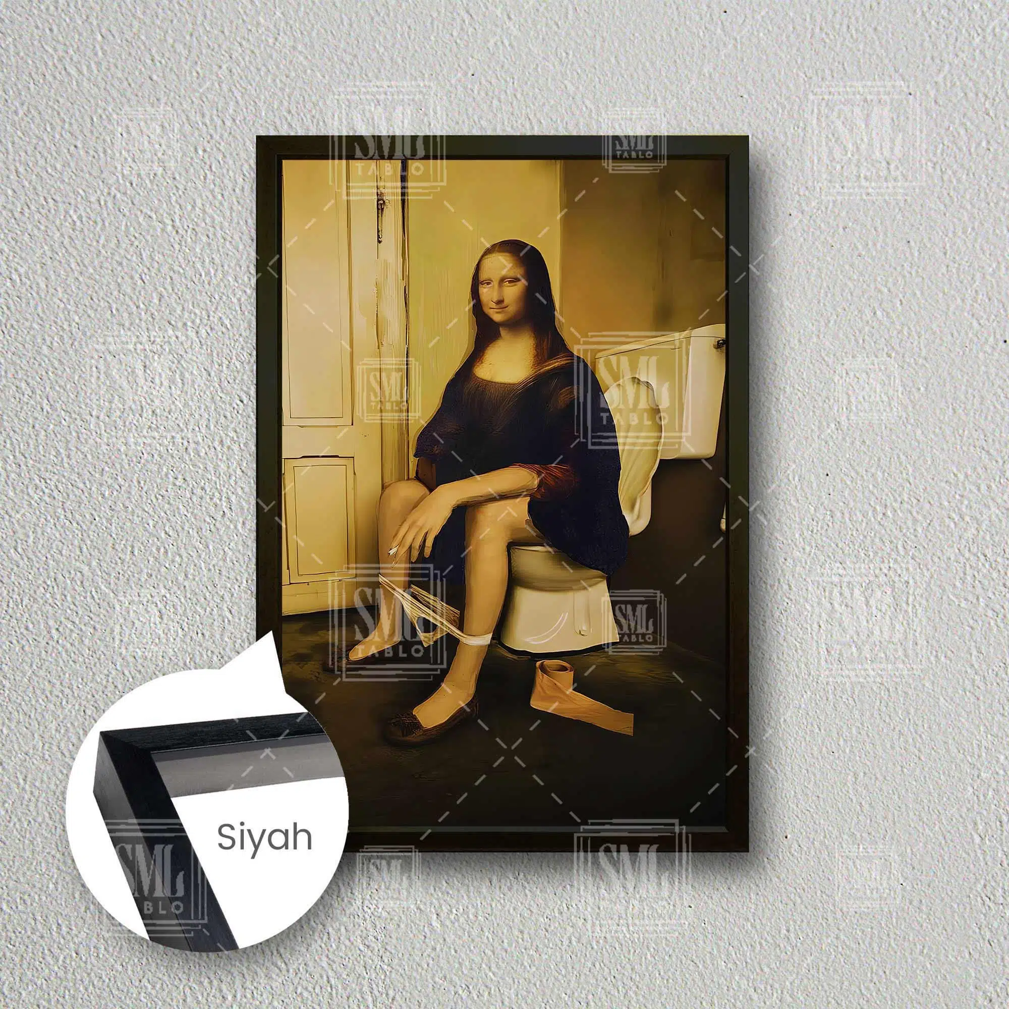 Monalisa Parodi Tuvalette Oturan Mona Lisa ve Klozet Cafe Restaurant Çerçeveli Dikey Kanvas Tablo - Siyah