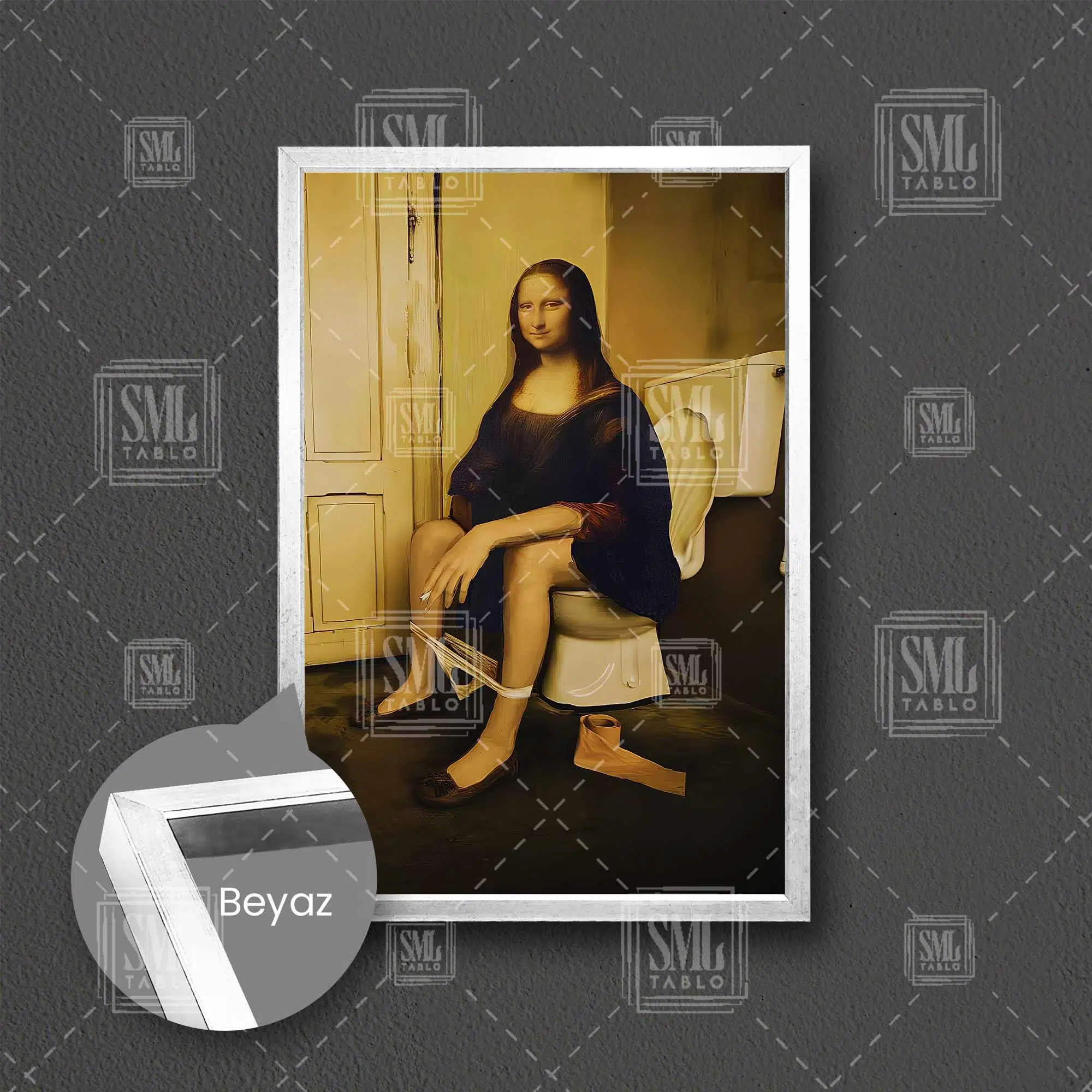 Monalisa Parodi Tuvalette Oturan Mona Lisa ve Klozet Cafe Restaurant Çerçeveli Dikey Kanvas Tablo - Beyaz