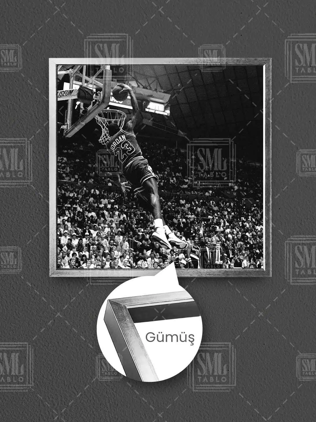 Efsane Basketbolcu Smaç Chicago Bulls Üçlük Basket Çerçeveli Kare Kanvas Tablo - Gümüş