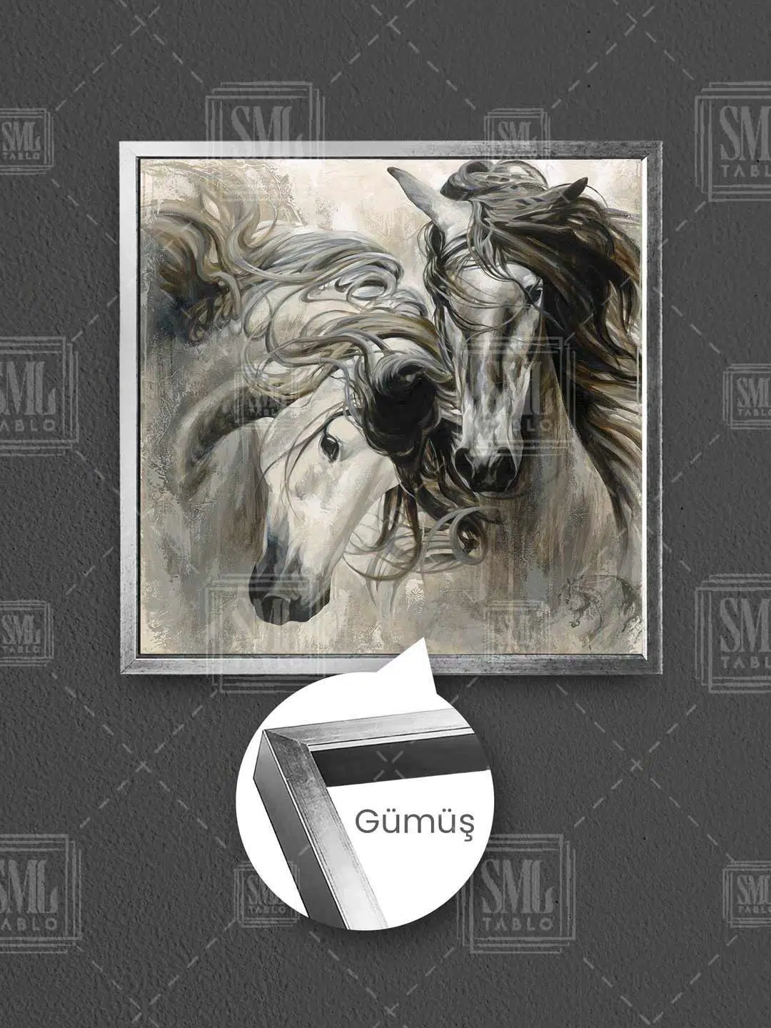 Aşık Beyaz At Çifti Asalet Hayvan Love Horse Dekor Çerçeveli Kare Kanvas Tablo - Gümüş