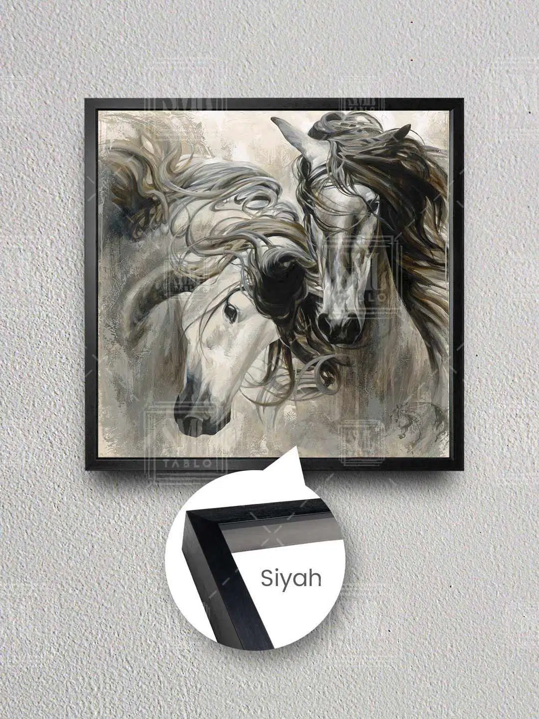 Aşık Beyaz At Çifti Asalet Hayvan Love Horse Dekor Çerçeveli Kare Kanvas Tablo - Siyah