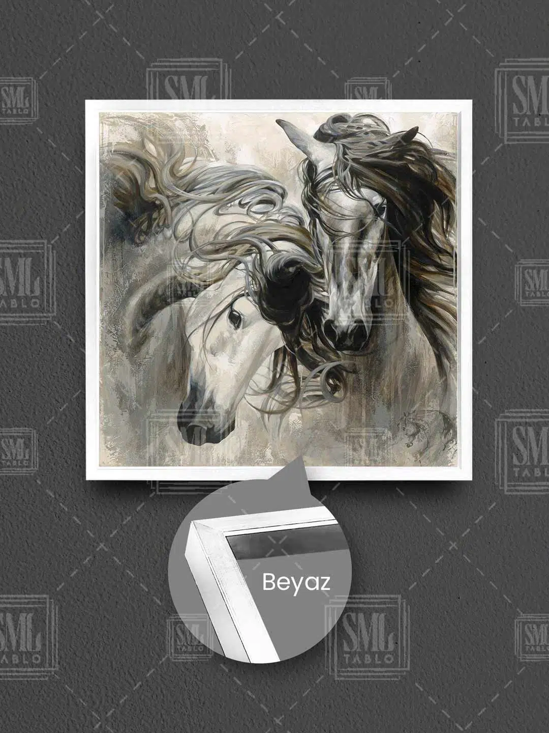 Aşık Beyaz At Çifti Asalet Hayvan Love Horse Dekor Çerçeveli Kare Kanvas Tablo - Beyaz