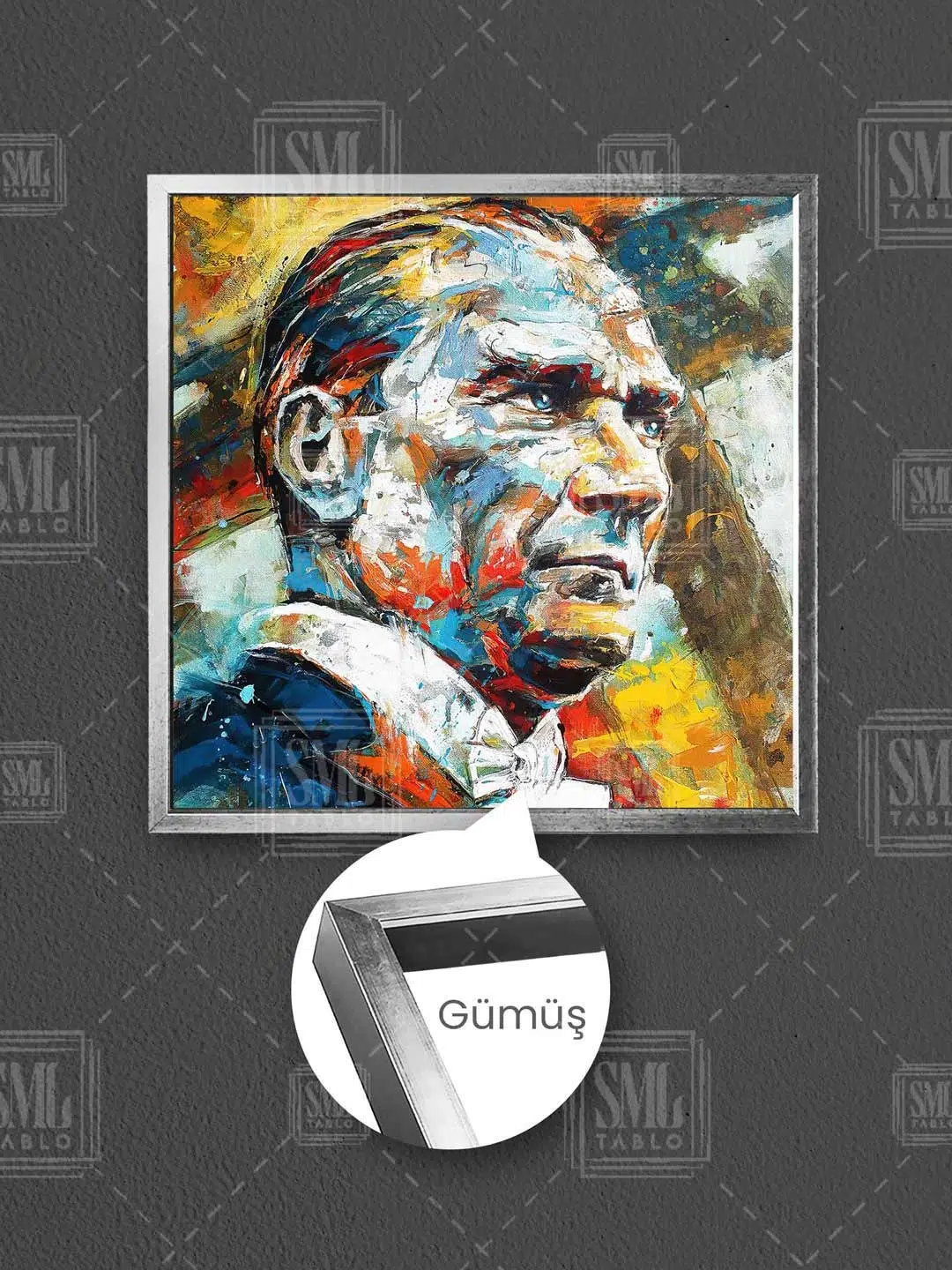 Mustafa Kemal Atatürk Karizma Bakışlı Portre Modern Portre Çerçeveli Kare Kanvas Tablo - Gümüş