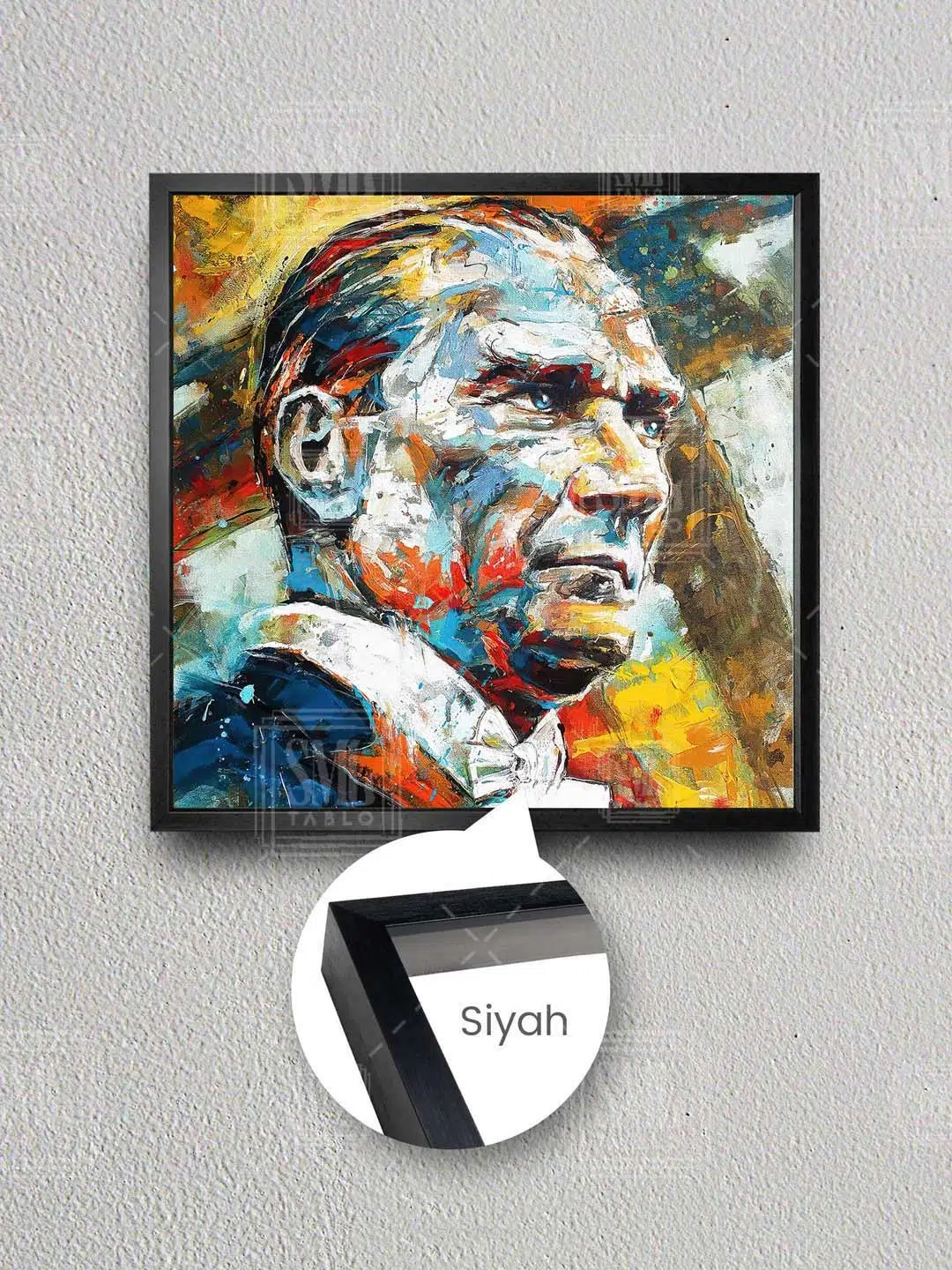 Mustafa Kemal Atatürk Karizma Bakışlı Portre Modern Portre Çerçeveli Kare Kanvas Tablo - Siyah