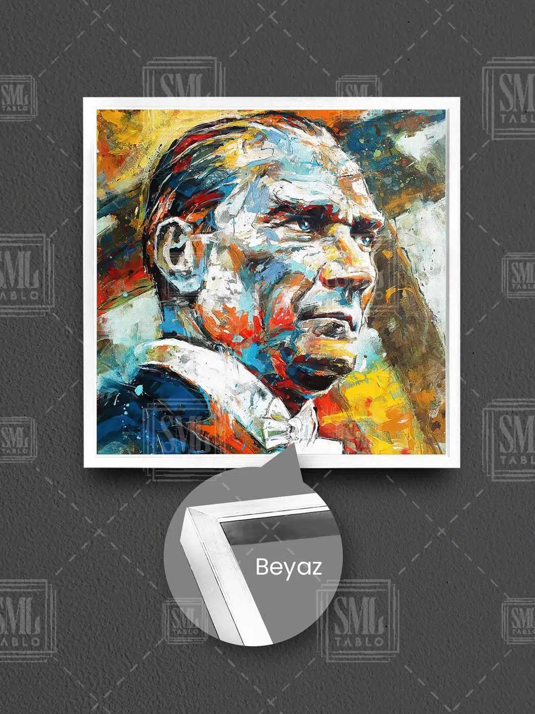 Mustafa Kemal Atatürk Karizma Bakışlı Portre Modern Portre Çerçeveli Kare Kanvas Tablo - Beyaz