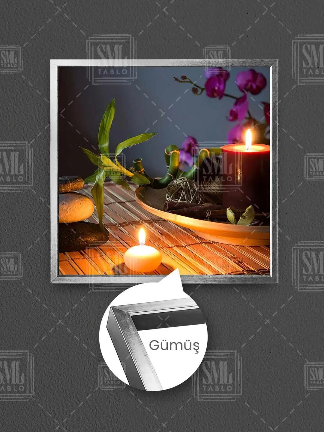 Zen Taşları Pembe Orkide Bambu Yaprakları Mum Spa Masaj Merkezi Çerçeveli Kare Kanvas Tablo - Gümüş