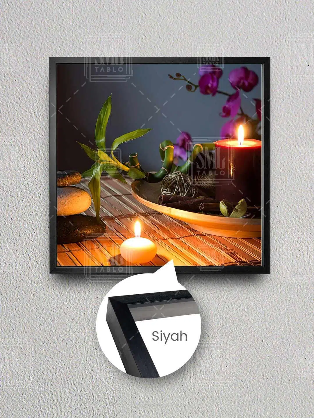 Zen Taşları Pembe Orkide Bambu Yaprakları Mum Spa Masaj Merkezi Çerçeveli Kare Kanvas Tablo - Siyah