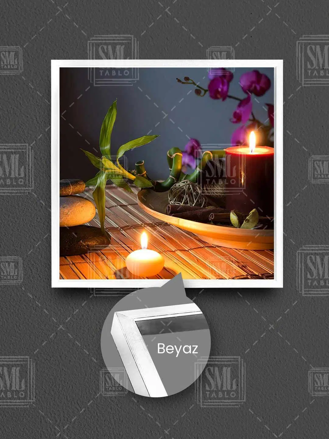Zen Taşları Pembe Orkide Bambu Yaprakları Mum Spa Masaj Merkezi Çerçeveli Kare Kanvas Tablo - Beyaz