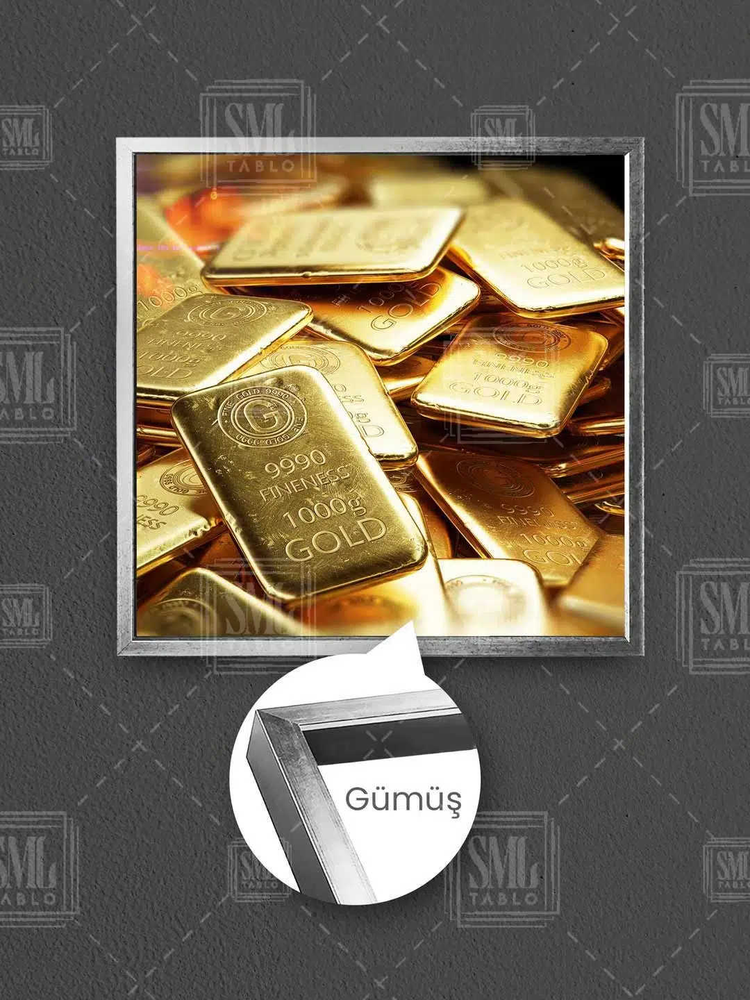 Külçe Altın Gold Kuyumcu Dekor Çerçeveli Kare Kanvas Tablo - Gümüş