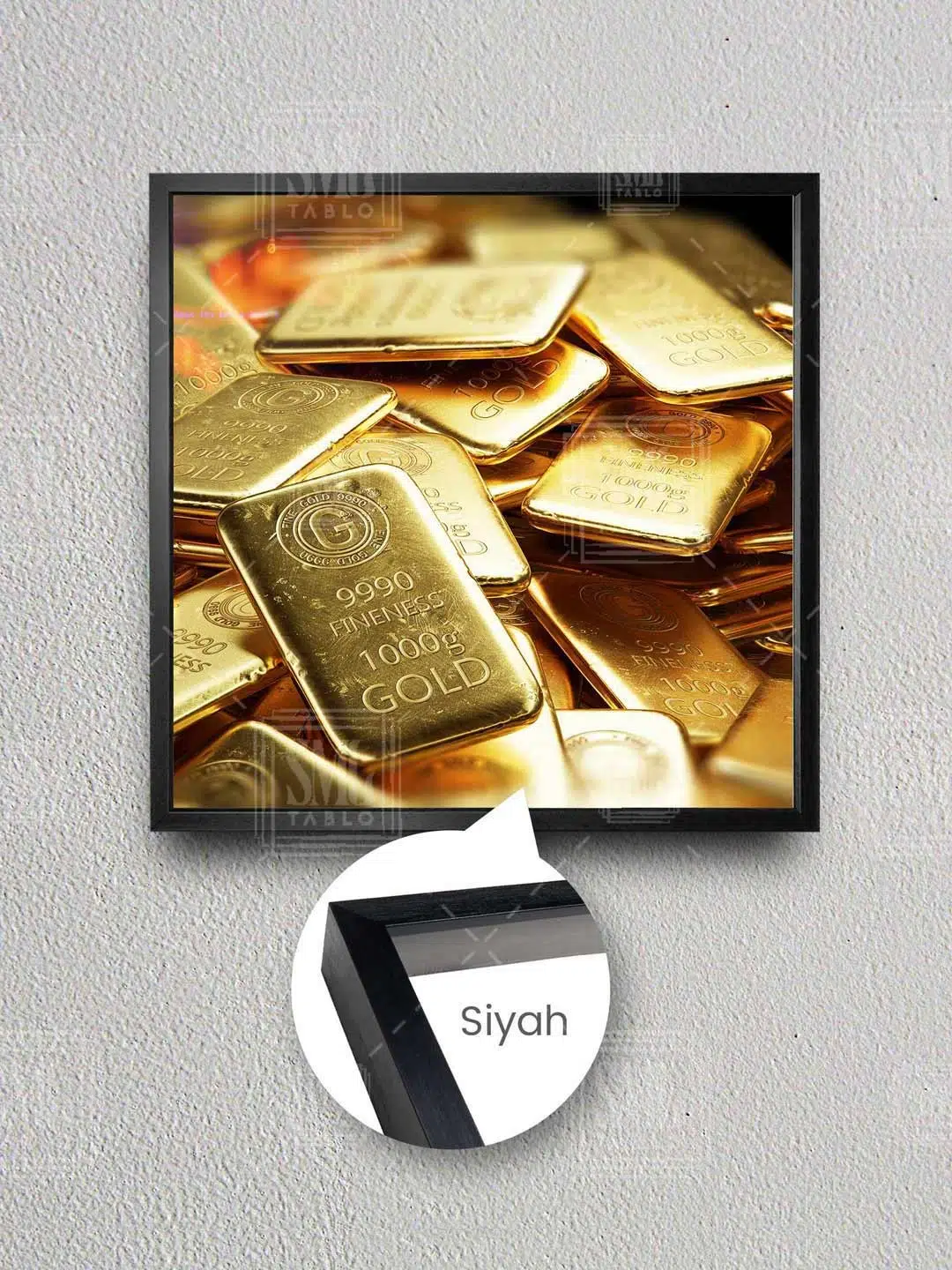 Külçe Altın Gold Kuyumcu Dekor Çerçeveli Kare Kanvas Tablo - Siyah