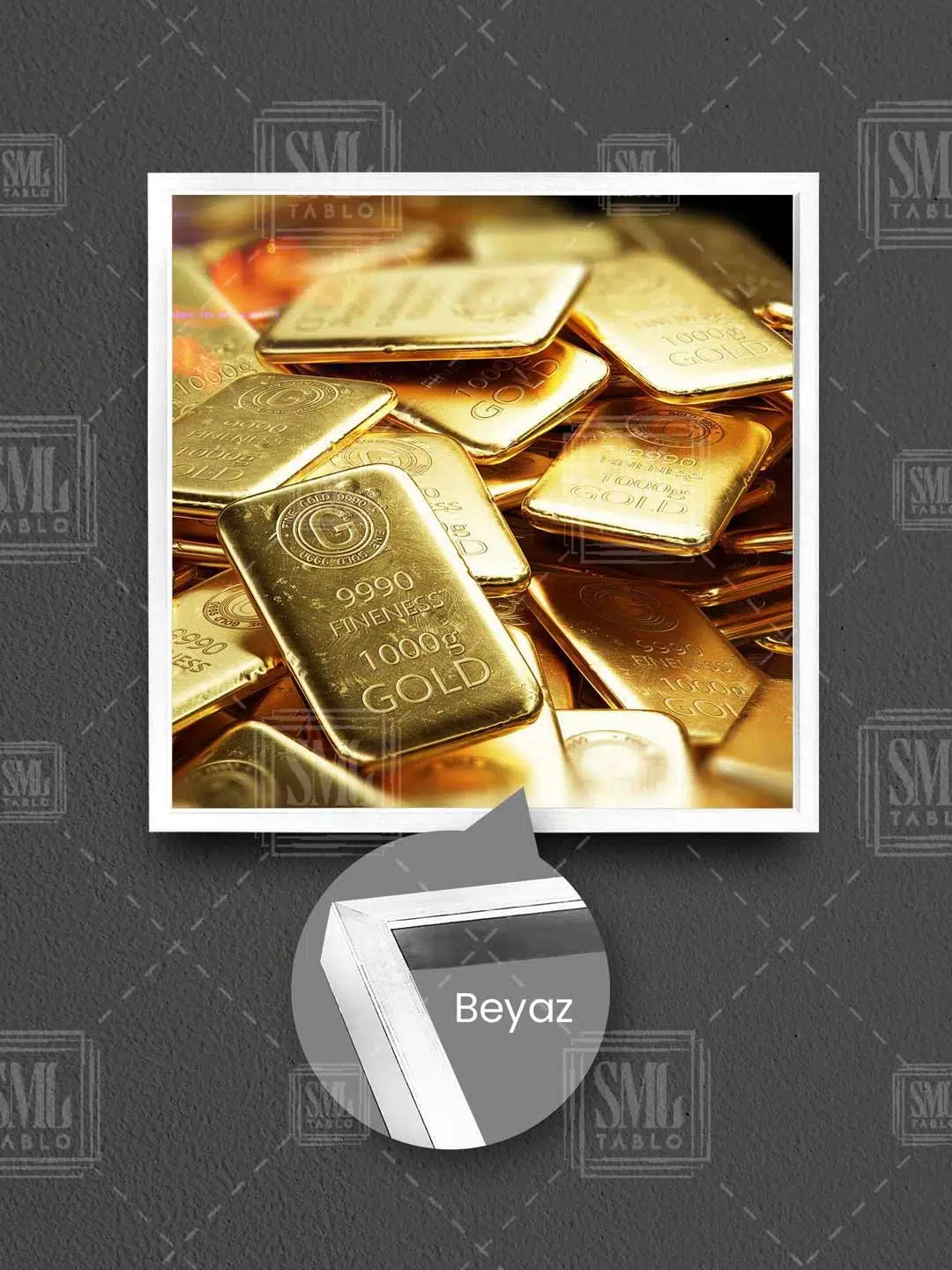 Külçe Altın Gold Kuyumcu Dekor Çerçeveli Kare Kanvas Tablo - Beyaz