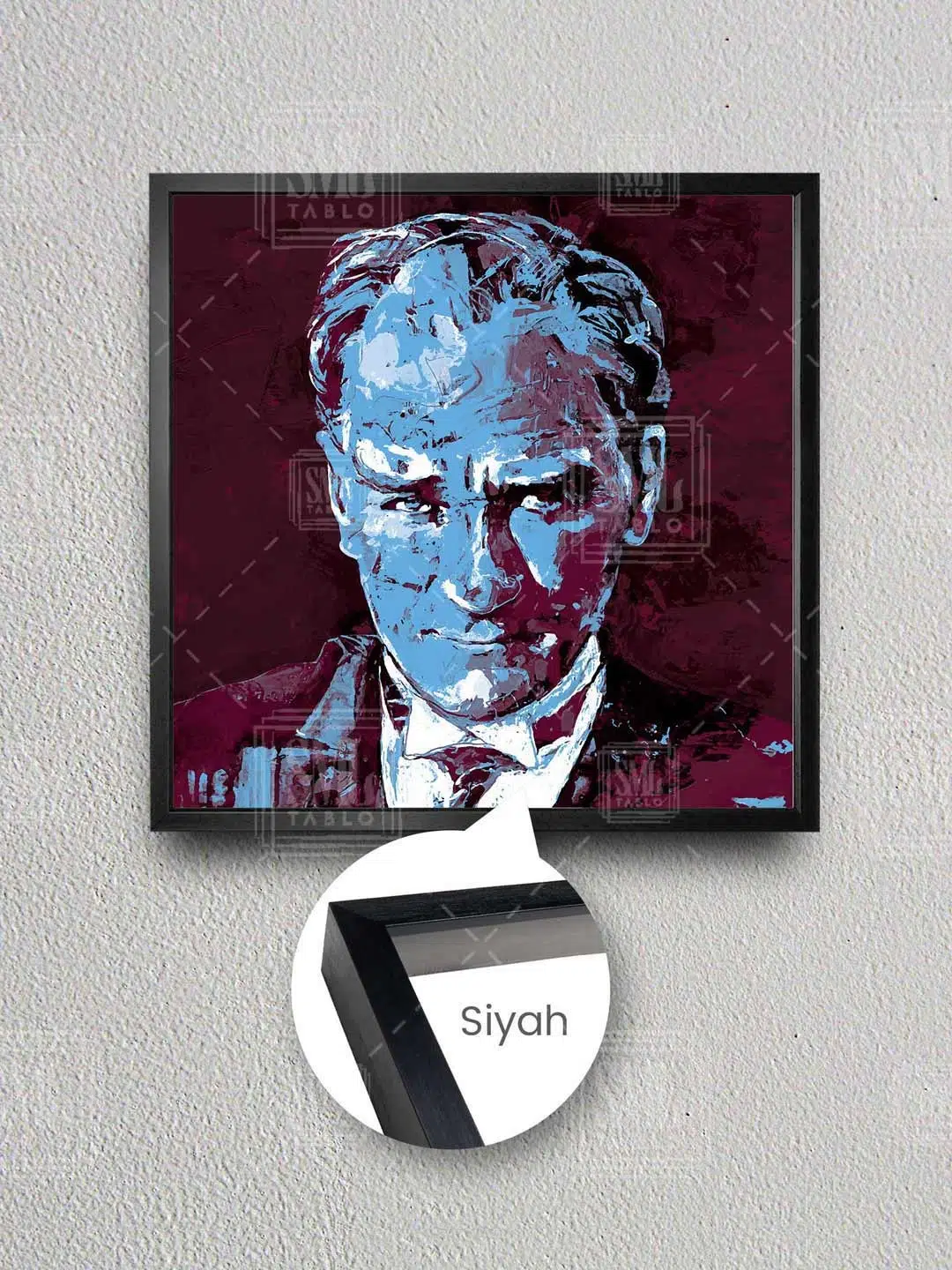 Bordo Mavi Trabzon Mustafa Kemal Atatürk Çerçeveli Kare Kanvas Tablo - Siyah