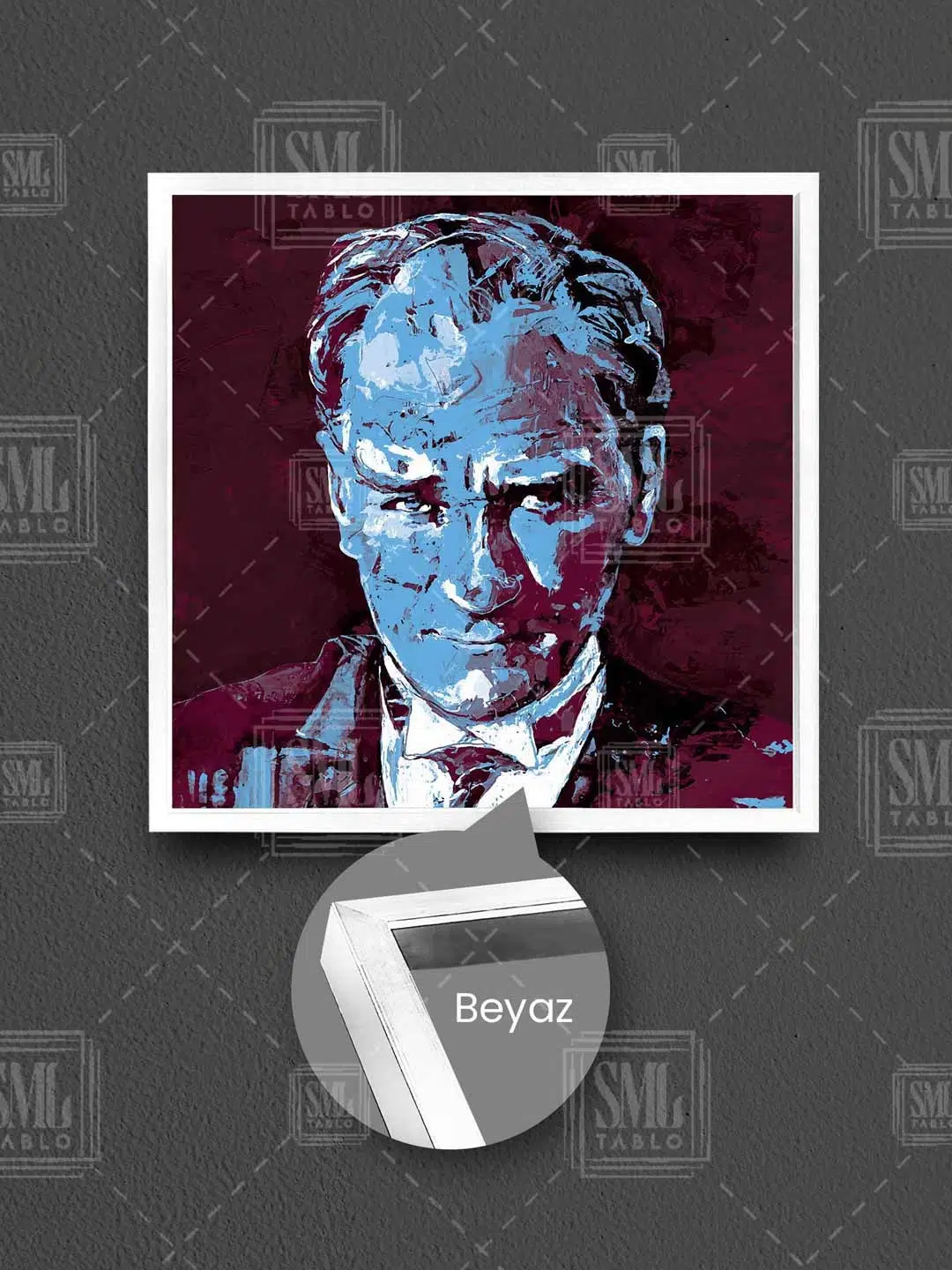 Bordo Mavi Trabzon Mustafa Kemal Atatürk Çerçeveli Kare Kanvas Tablo - Beyaz