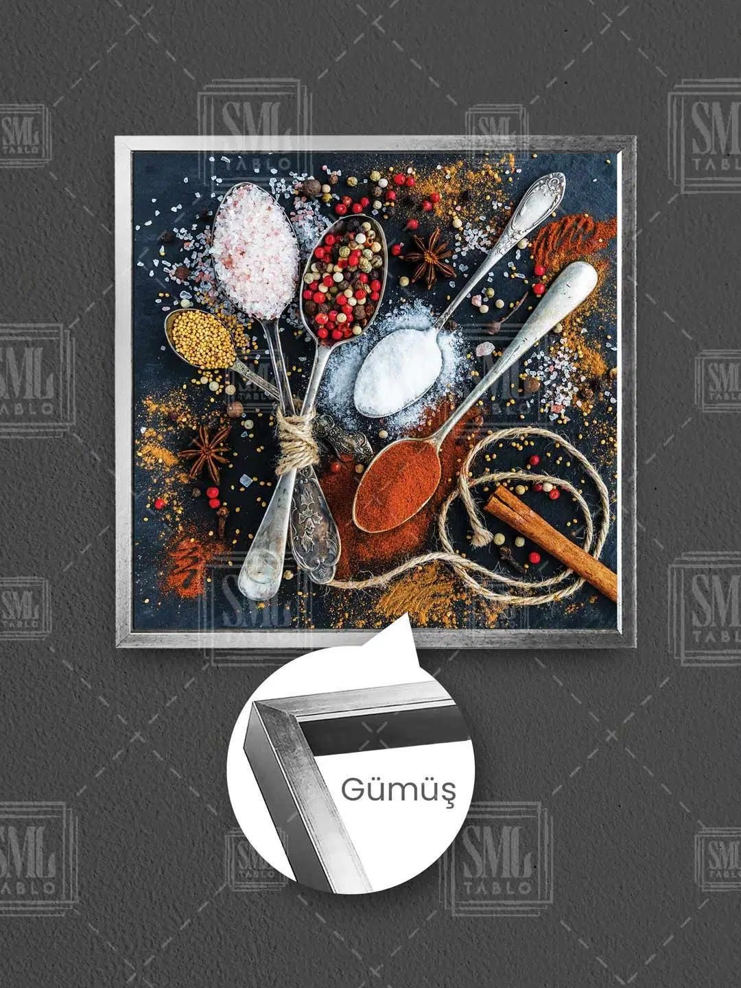 Gümüş Kaşıklar ve Baharatlar Mutfak Dekoru Kitchen Çerçeveli Kare Kanvas Tablo - Gümüş