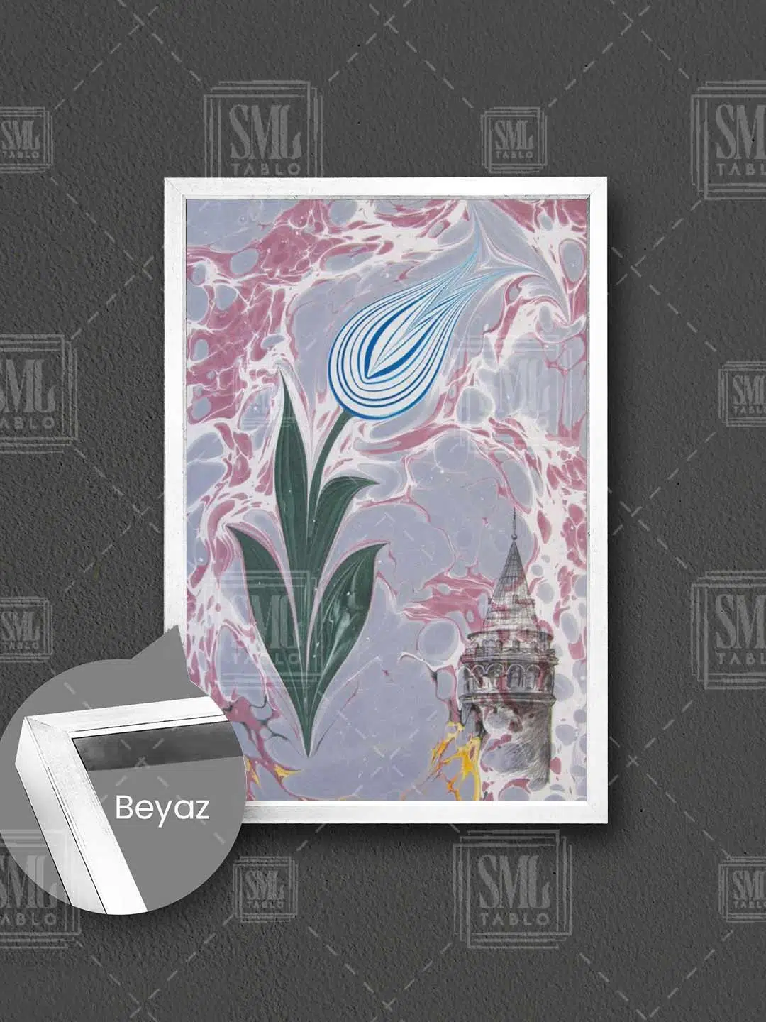 Ebru Sanatı Mavi Lale Galata Kulesi İstanbul Çerçeveli Dikey Kanvas Tablo - Beyaz