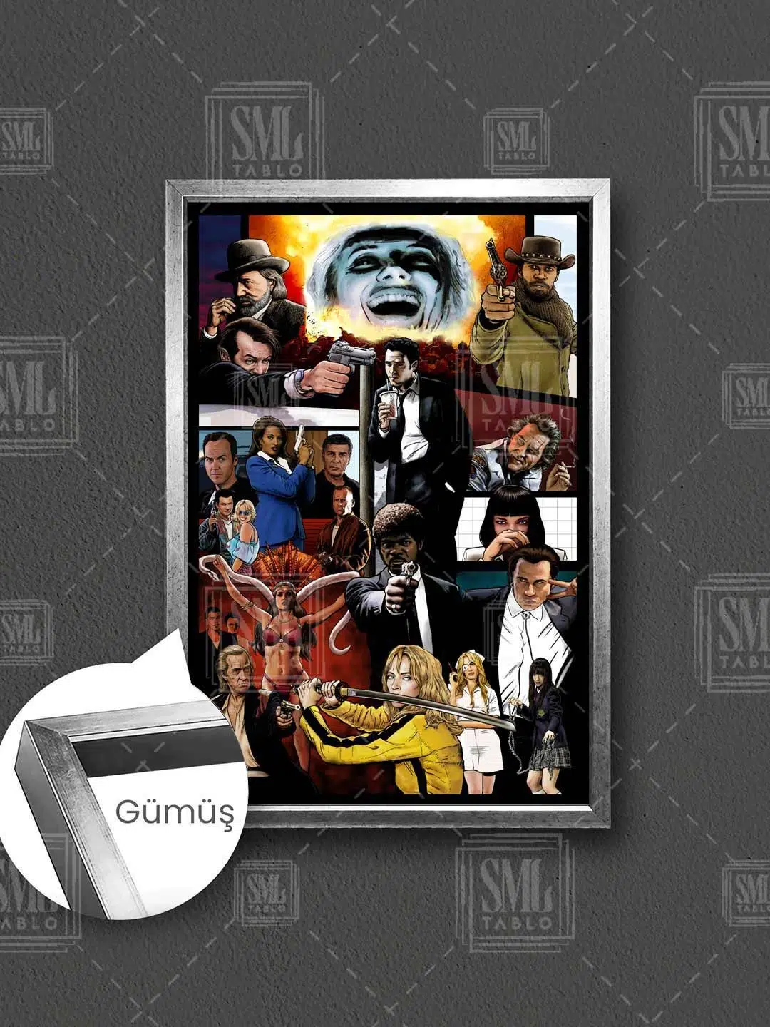 Quentin Tarantino Filmleri Poster Pulp Fiction Kill Bill Çerçeveli Dikey Kanvas Tablo - Gümüş