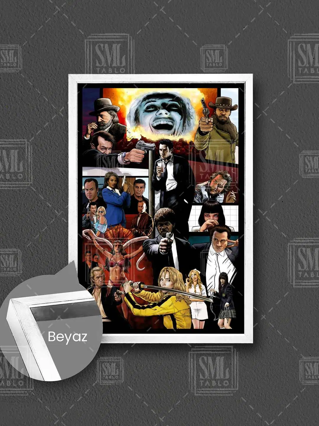 Quentin Tarantino Filmleri Poster Pulp Fiction Kill Bill Çerçeveli Dikey Kanvas Tablo - Beyaz