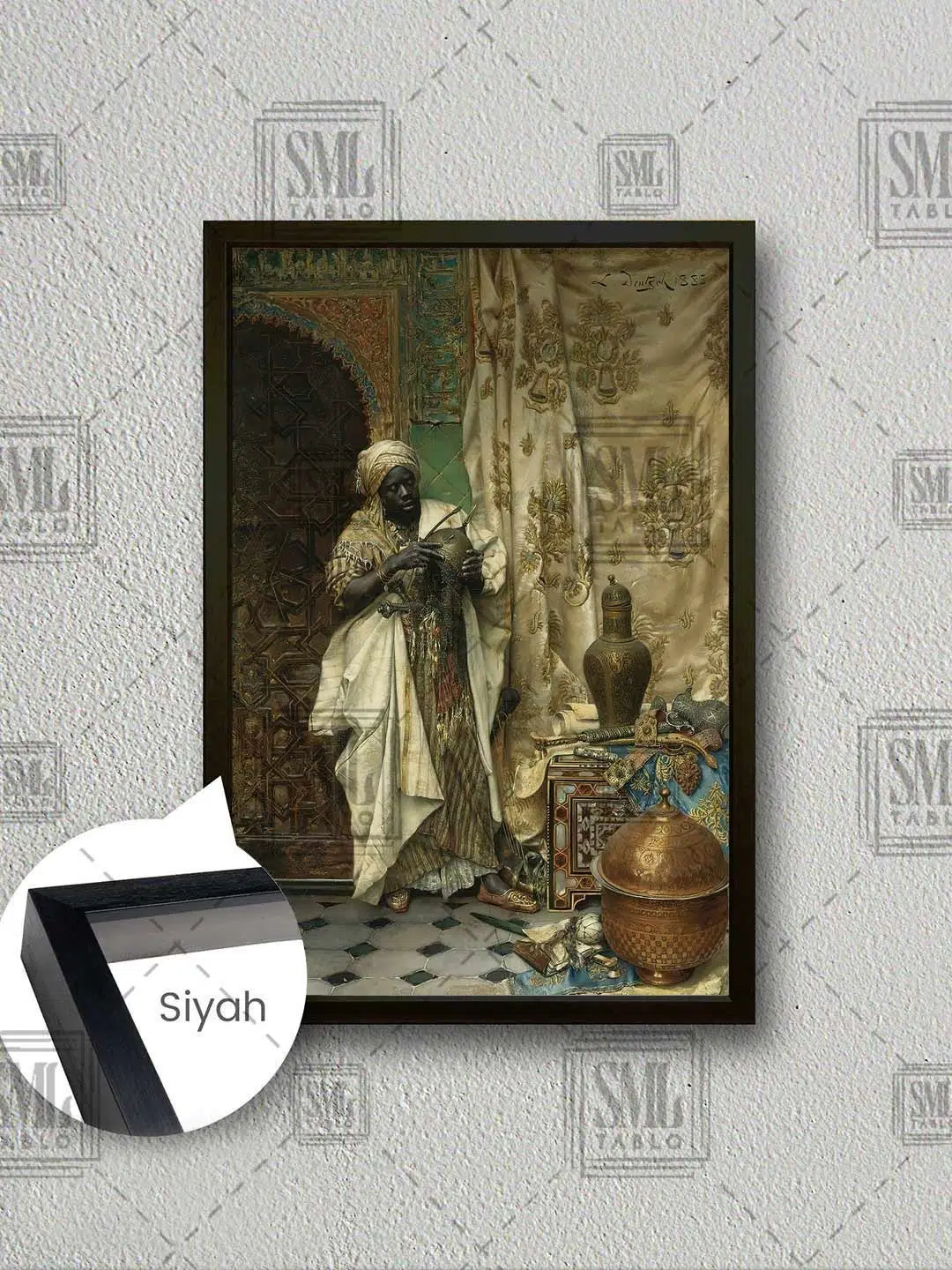 Etnik Kıyafetli Adam Ludwig Deutsch Antika Eşyalar Oryantal Sanat Çerçeveli Dikey Kanvas Tablo - Siyah
