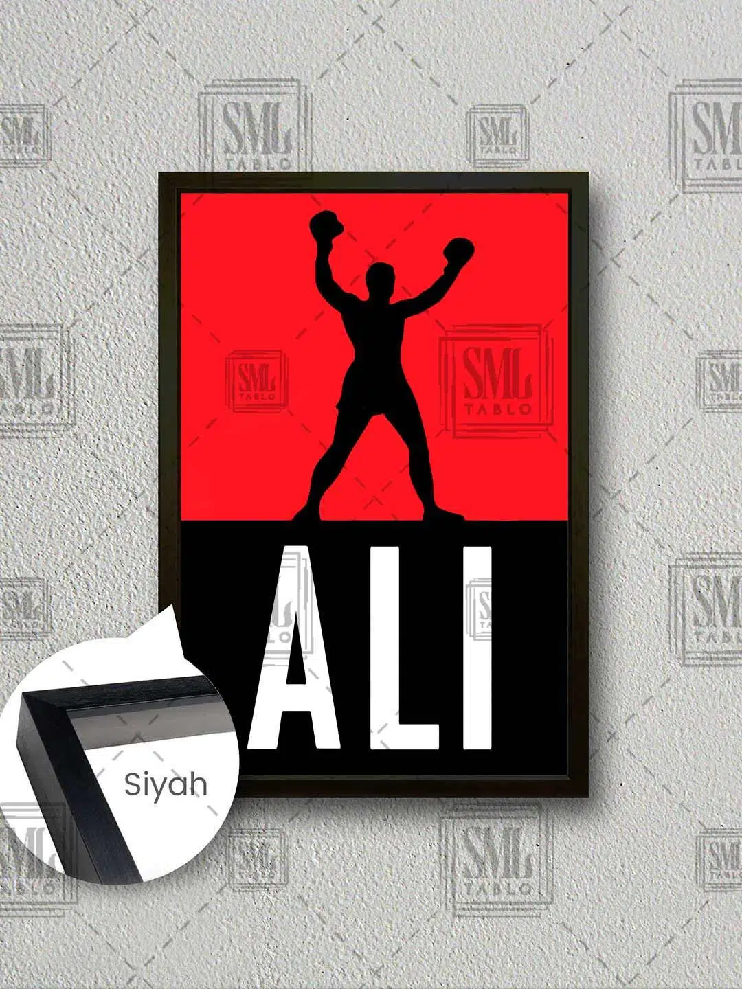 Muhammed Ali Silüeti Efsane Boksör İllüstrasyon Çerçeveli Dikey Kanvas Tablo - Siyah