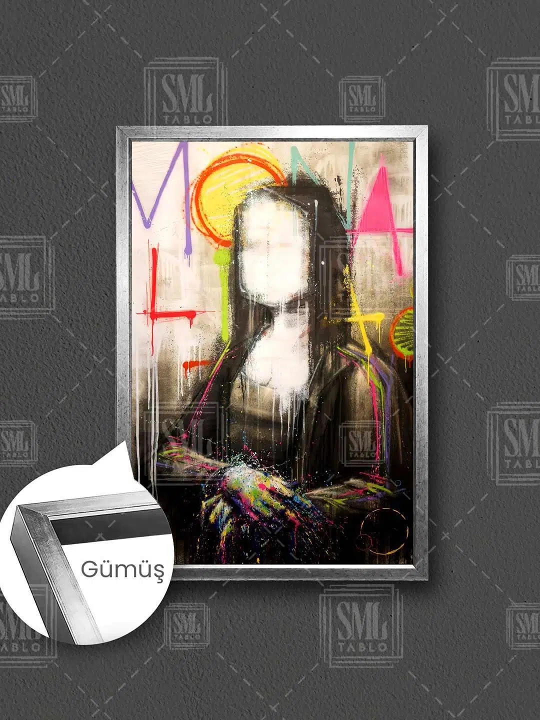 Mona Lisa Sokak Sanatı Renkli Sprey Boya Leonardo Da Vinci Çerçeveli Dikey Kanvas Tablo - Gümüş