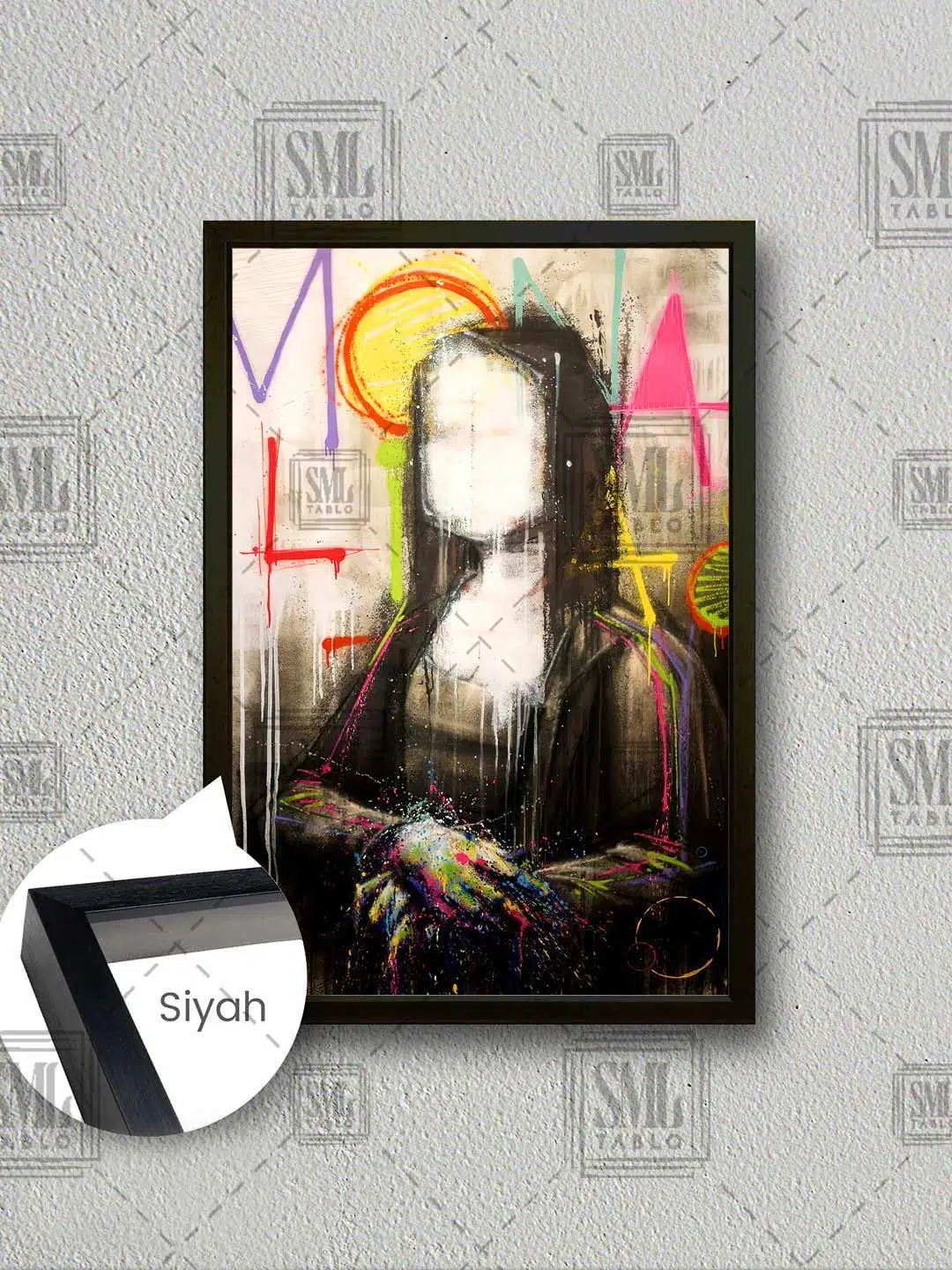 Mona Lisa Sokak Sanatı Renkli Sprey Boya Leonardo Da Vinci Çerçeveli Dikey Kanvas Tablo - Siyah