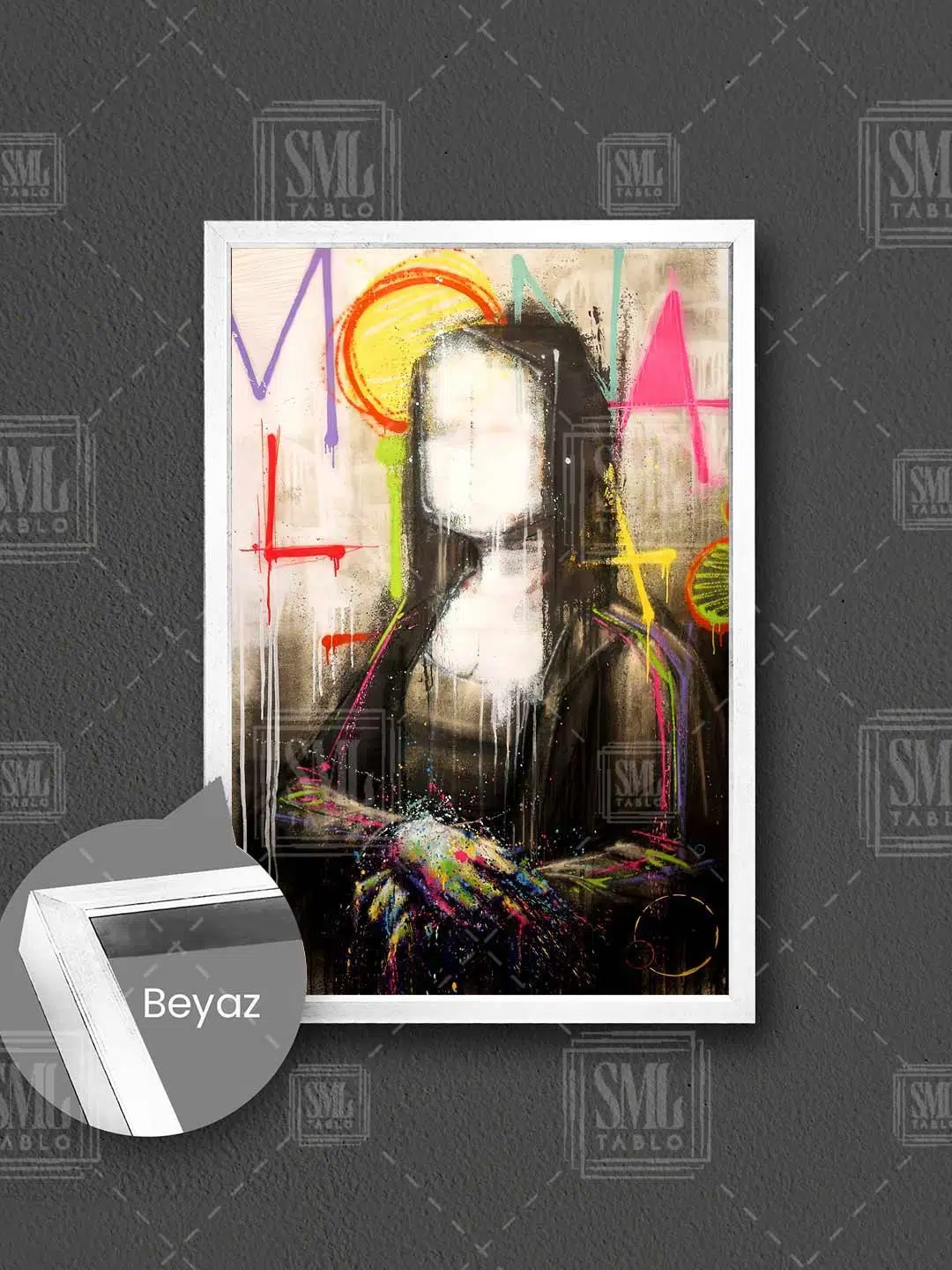 Mona Lisa Sokak Sanatı Renkli Sprey Boya Leonardo Da Vinci Çerçeveli Dikey Kanvas Tablo - Beyaz