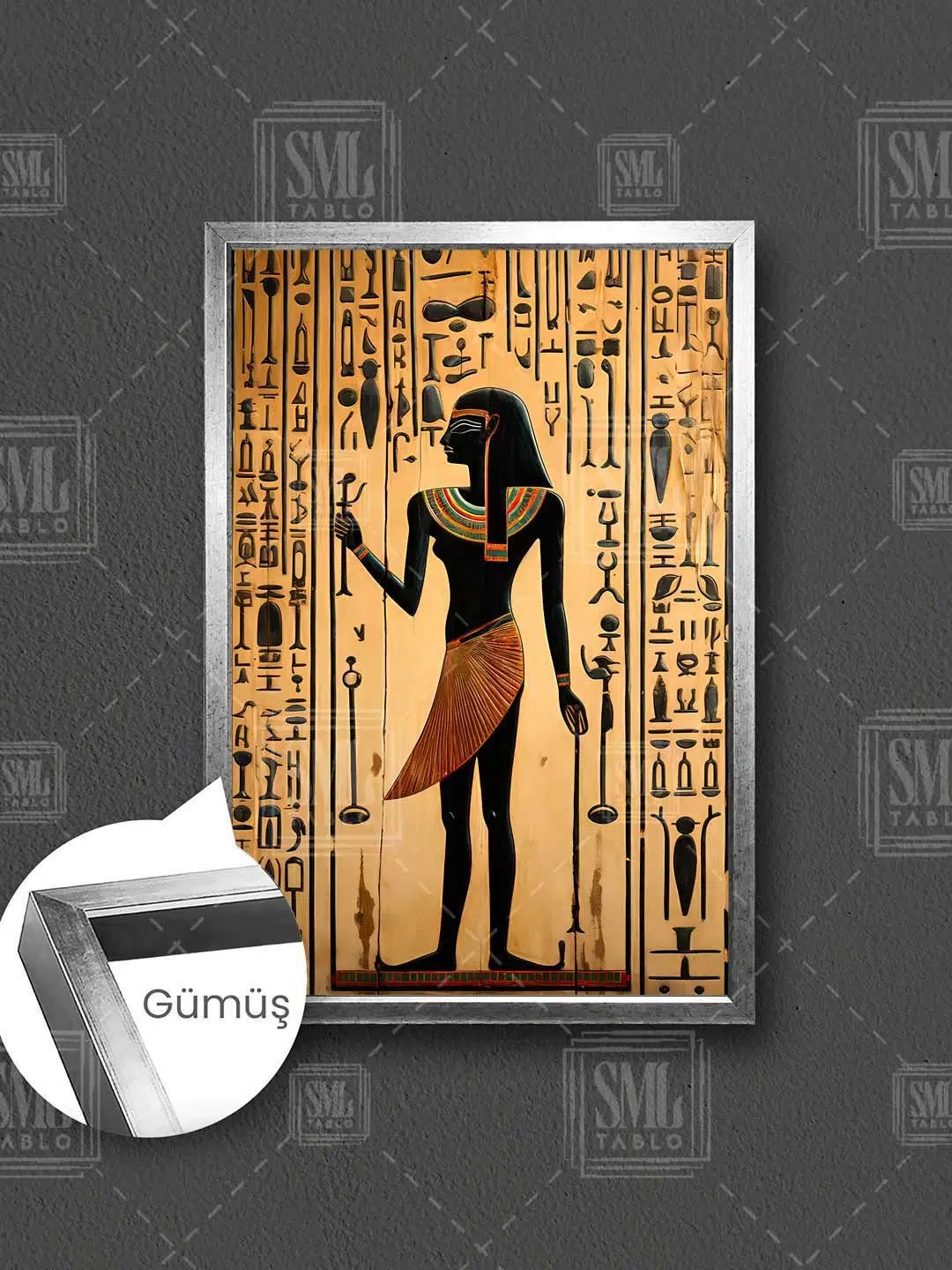 Antik Mısır Tanrısı Mısır Duvar Resimleri Ancient Egypt Çerçeveli Dikey Kanvas Tablo - Gümüş