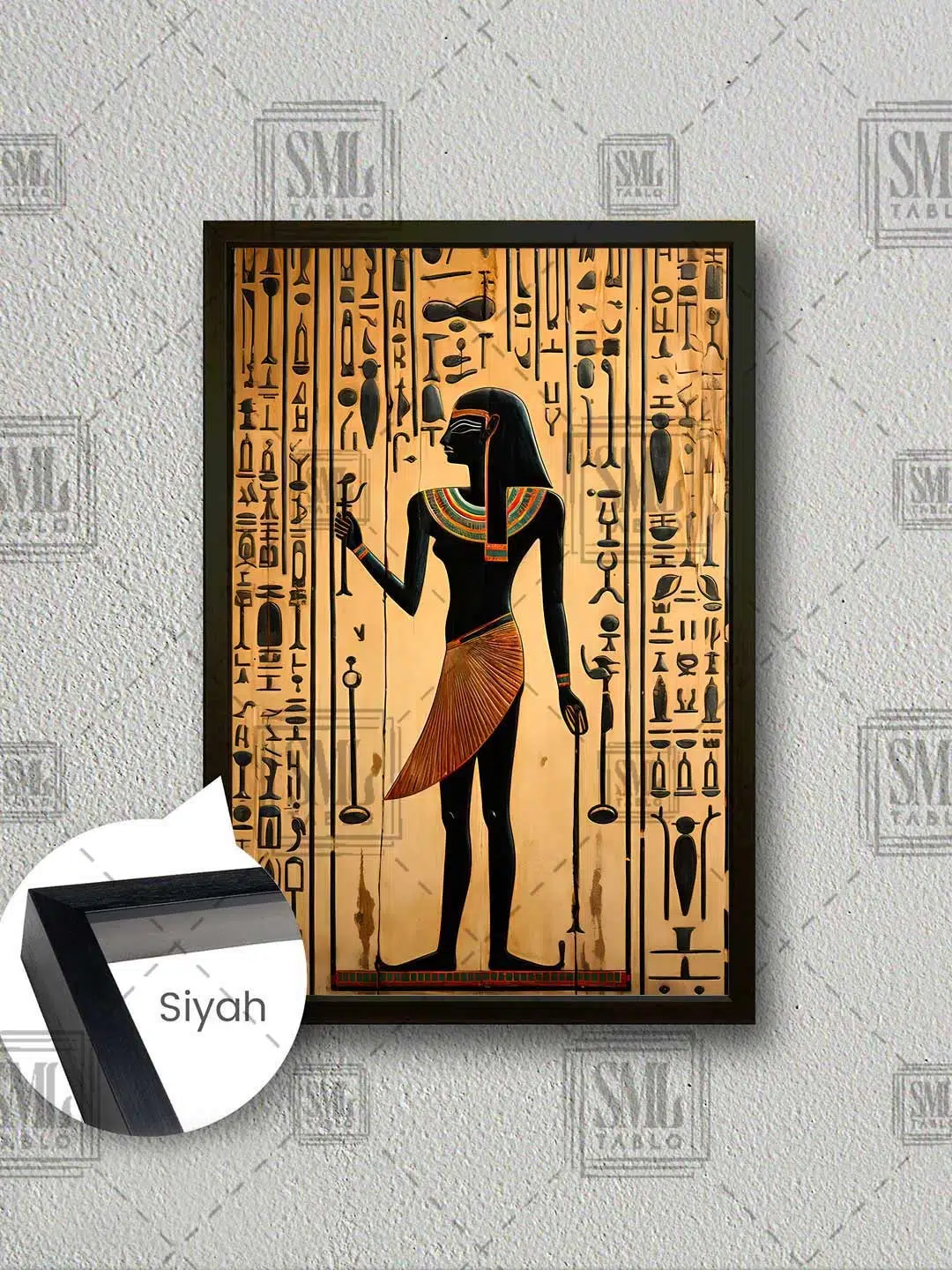 Antik Mısır Tanrısı Mısır Duvar Resimleri Ancient Egypt Çerçeveli Dikey Kanvas Tablo - Siyah