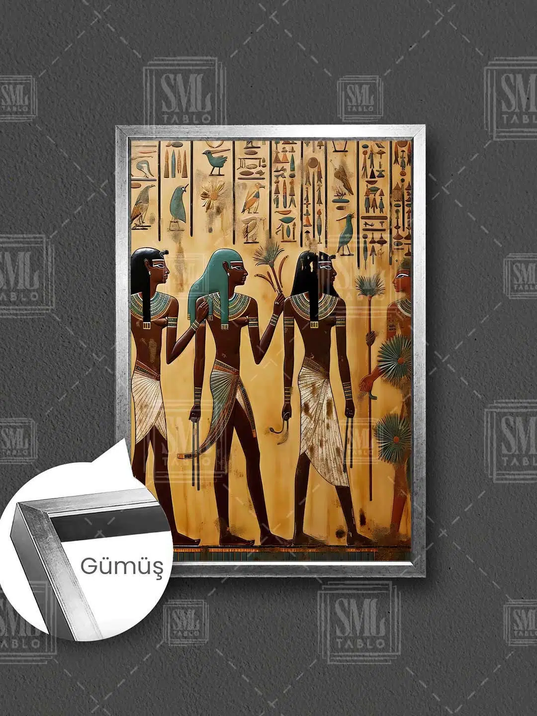 Antik Mısır Tanrıları Hiyeroglif Mısır Duvar Resimleri Ancient Egypt Çerçeveli Dikey Kanvas Tablo - Gümüş