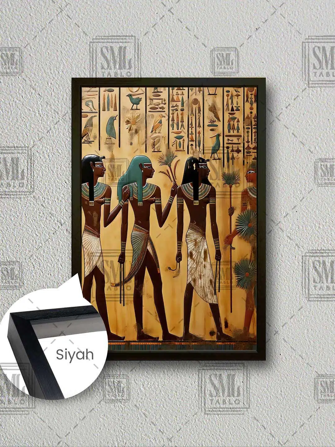 Antik Mısır Tanrıları Hiyeroglif Mısır Duvar Resimleri Ancient Egypt Çerçeveli Dikey Kanvas Tablo - Siyah