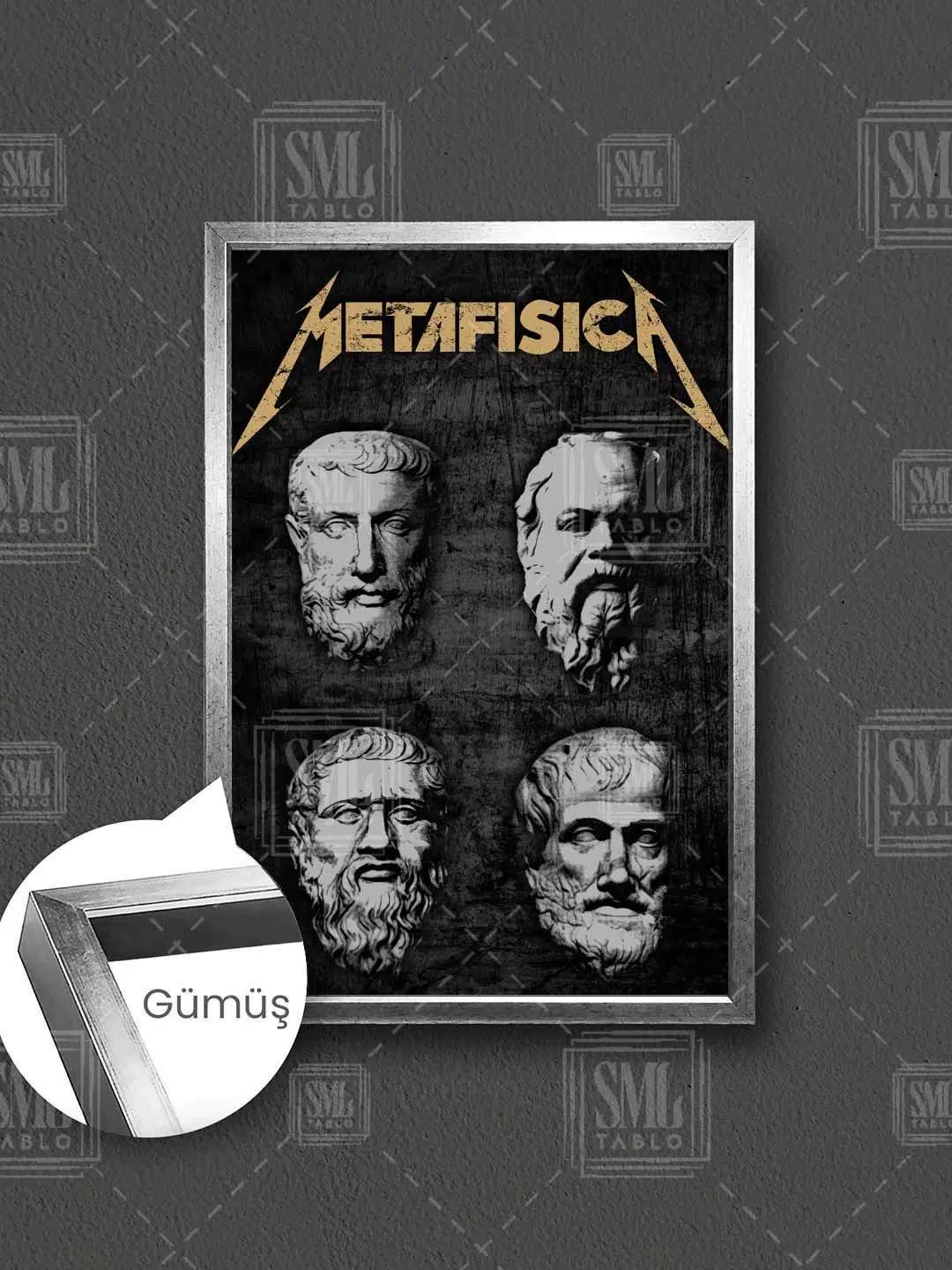 Metafisica Metafizik Felsefe Filozof Aristo Sokrates Platon Eflatun Çerçeveli Dikey Kanvas Tablo - Gümüş