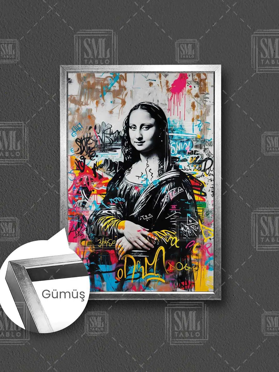 Monalisa Banksy Mona Lisa Leonardo Da Vinci Grafitti Sokak Sanatı Çerçeveli Dikey Kanvas Tablo - Gümüş