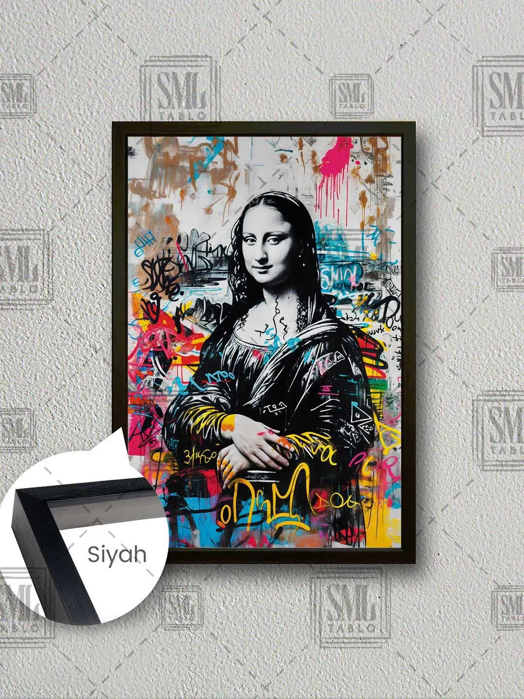 Monalisa Banksy Mona Lisa Leonardo Da Vinci Grafitti Sokak Sanatı Çerçeveli Dikey Kanvas Tablo - Siyah