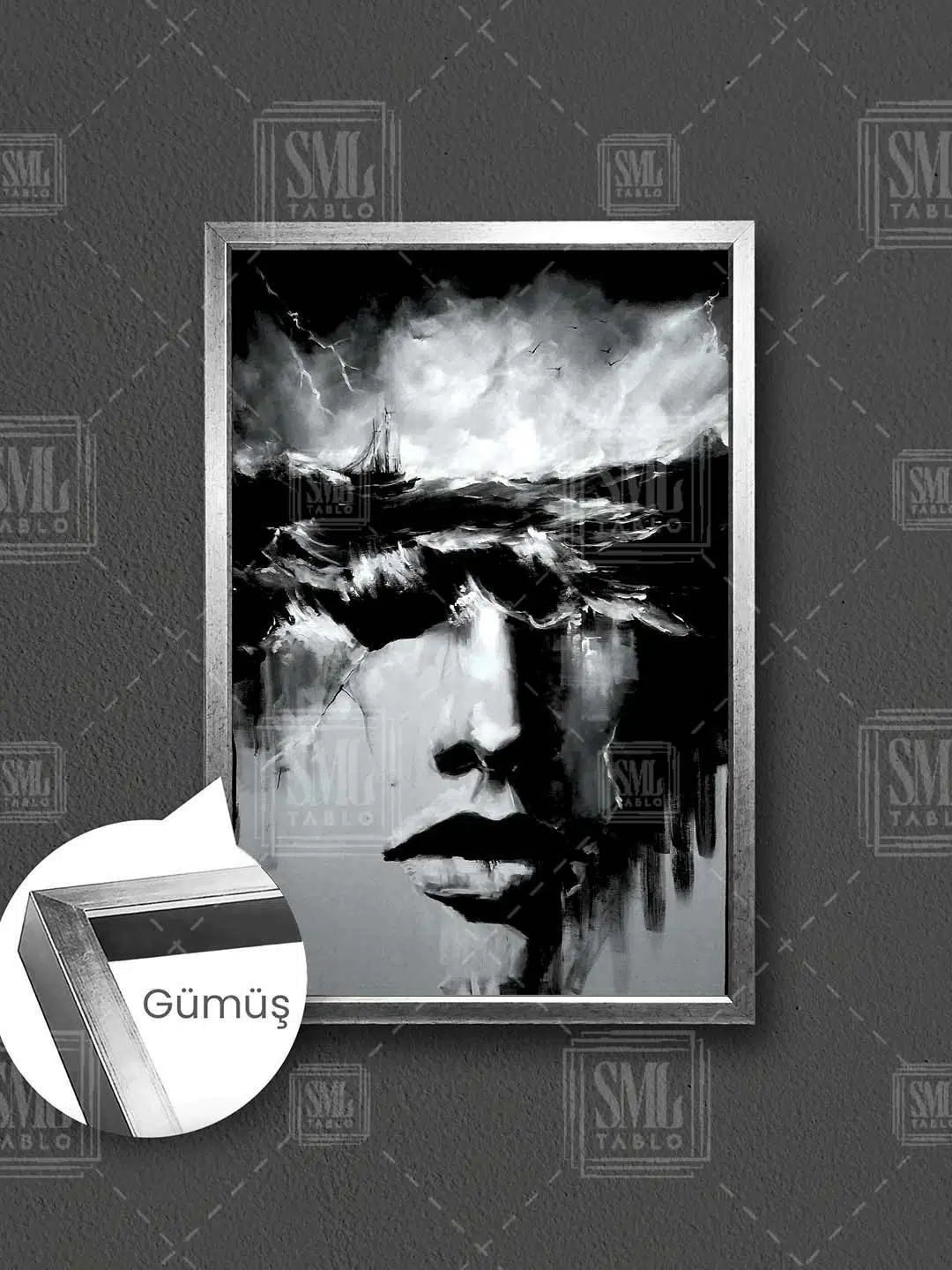 Soyut Portre Dalgalı Deniz Gemi Sürreal Dekoratif Sanat Çerçeveli Dikey Kanvas Tablo - Gümüş