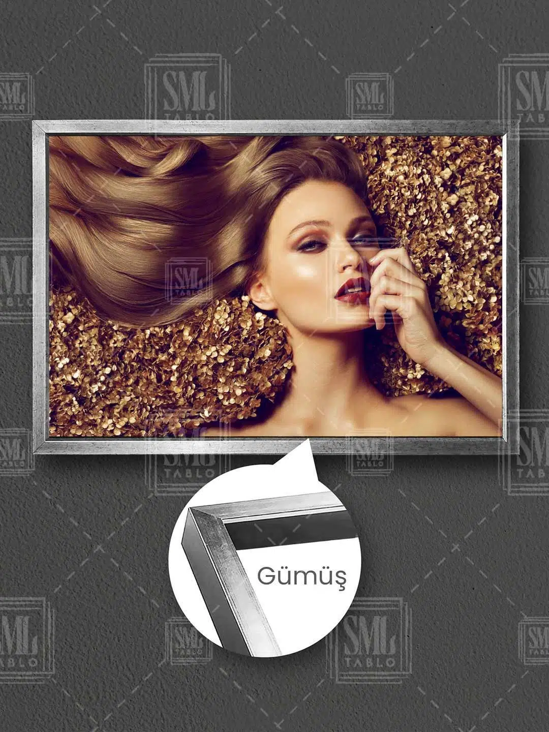 Dolar Rulosu Kırmızı Ruj Duman Sexy Kadın Çerçeveli Yatay Kanvas Tablo - Gümüş