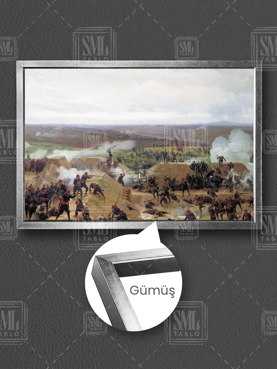 Kurtuluş Savası Milli Mücadele Savaşan Askerler Tarih Çerçeveli Yatay Kanvas Tablo - Gümüş