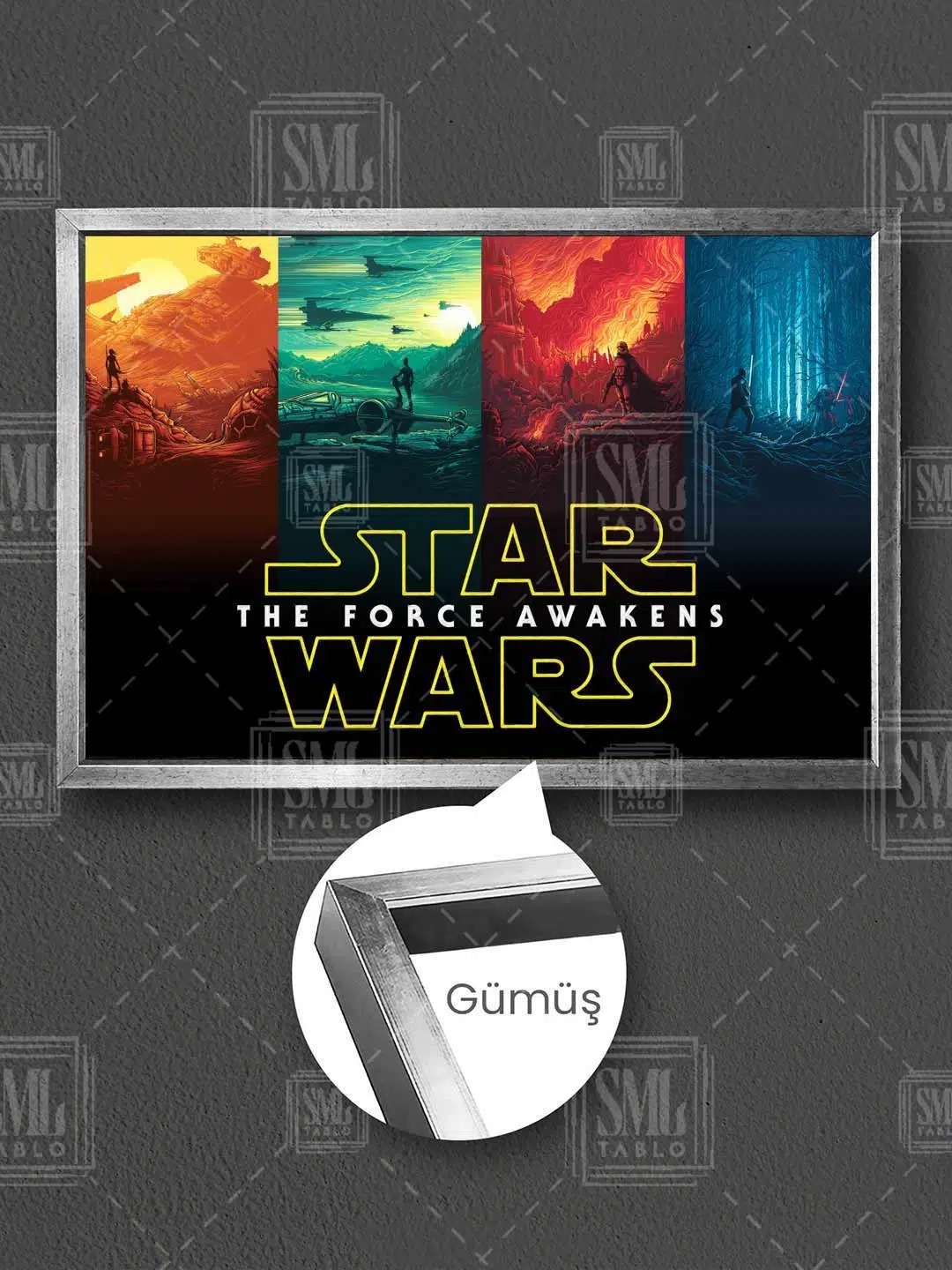 Star Wars Film Afişi The Force Awakens Yıldız Savaşları Çerçeveli Yatay Kanvas Tablo - Gümüş