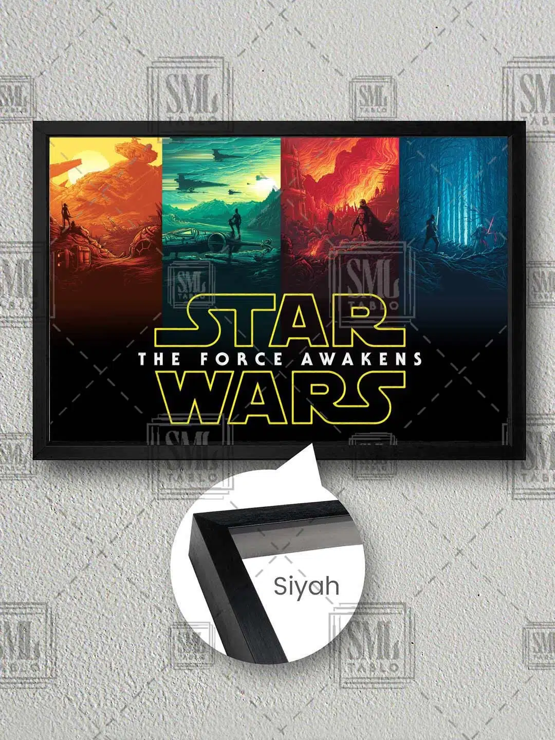 Star Wars Film Afişi The Force Awakens Yıldız Savaşları Çerçeveli Yatay Kanvas Tablo - Siyah