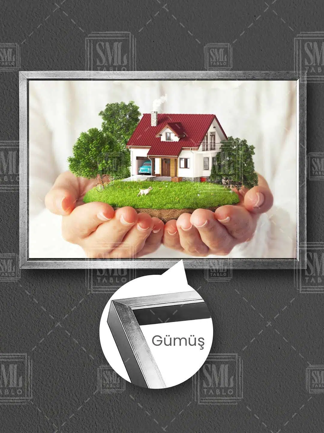 Emlak Ofisi Dekor Bahçeli Şirin Ev Real Estate Çerçeveli Yatay Kanvas Tablo - Gümüş
