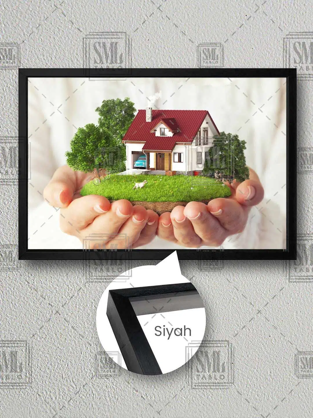Emlak Ofisi Dekor Bahçeli Şirin Ev Real Estate Çerçeveli Yatay Kanvas Tablo - Siyah