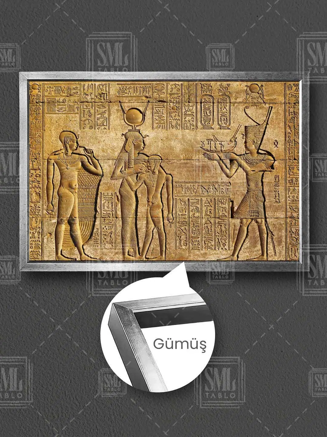 Antik Mısır Duvar Resimleri Firavun Egypt Mumya Mısır Dekor Çerçeveli Yatay Kanvas Tablo - Gümüş