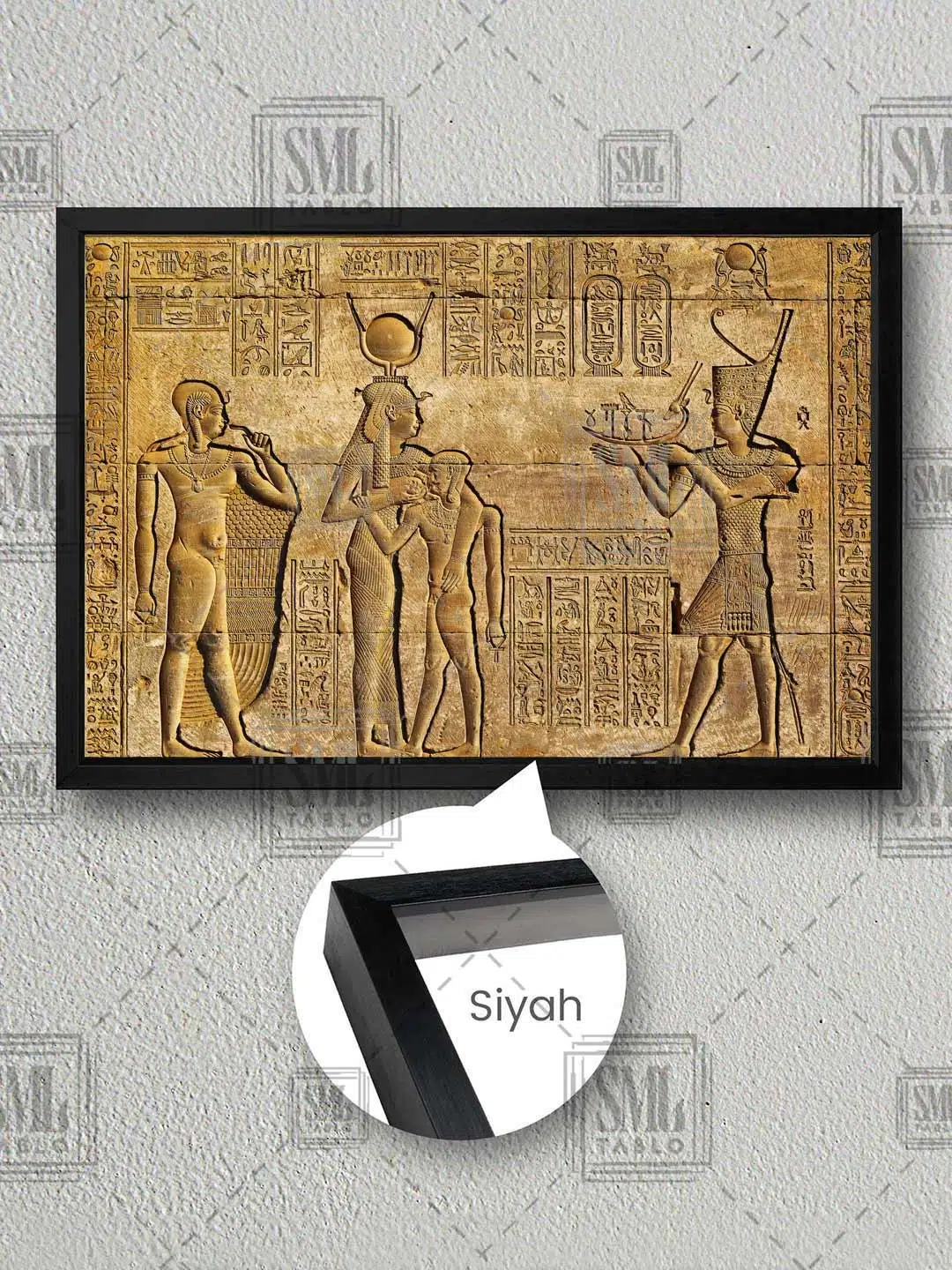 Antik Mısır Duvar Resimleri Firavun Egypt Mumya Mısır Dekor Çerçeveli Yatay Kanvas Tablo - Siyah
