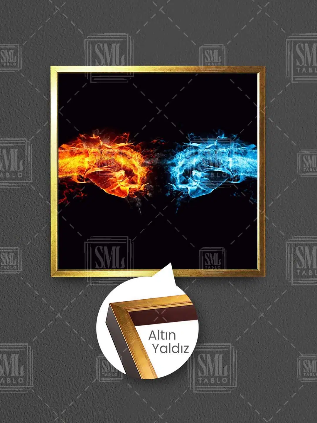 Ateş Ve Su Yumruk Savaş Fire Water Zıtlık Art Dekor Çerçeveli Kare