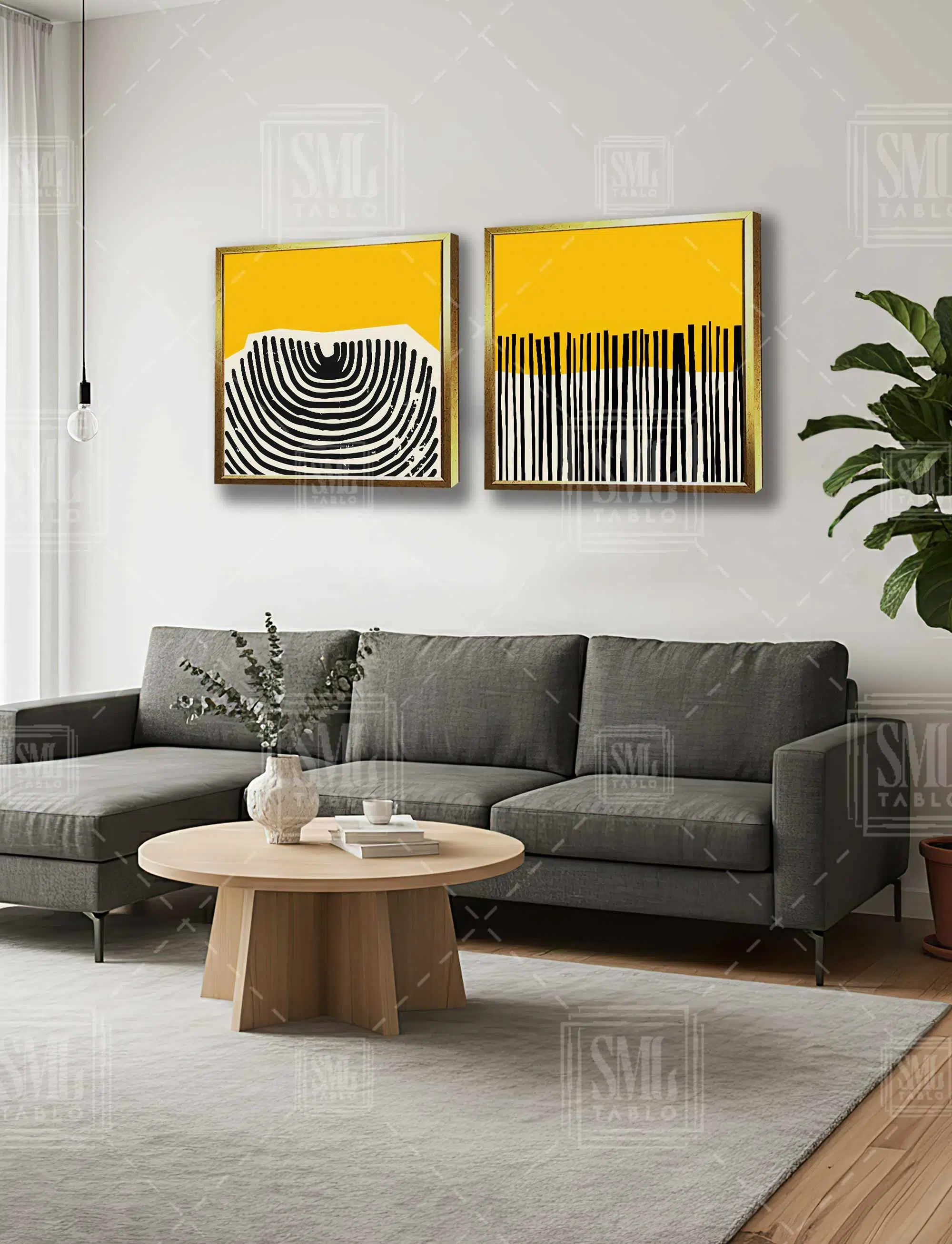 Minimal Çizgili Sarı ve Siyah Mid Century Dekor İkili Kare Kombin 2li Çerçeveli Kanvas Tablo