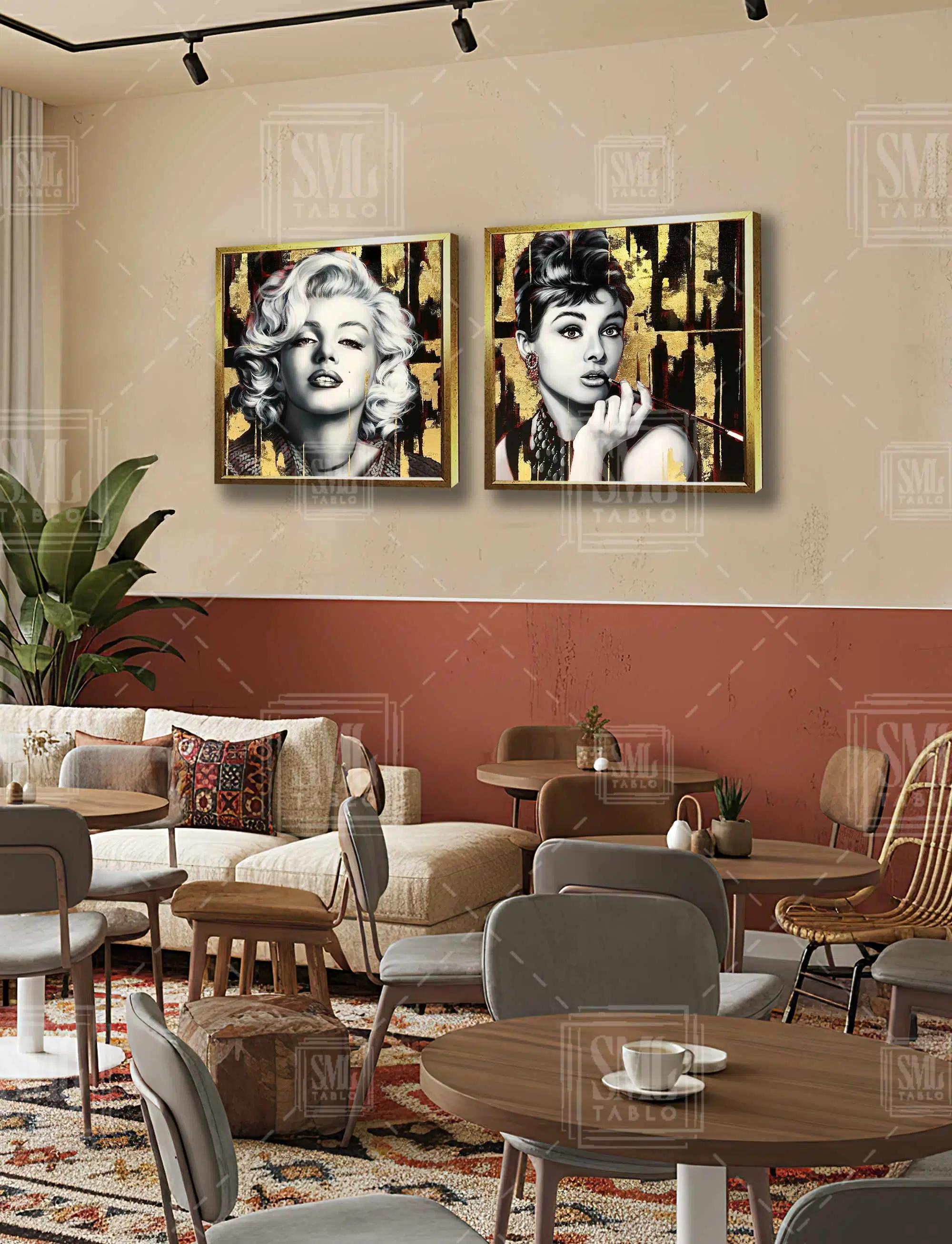 Gold Audrey Hepburn ve Marilyn Monroe Hollywood İkonlar İkili Kare Kombin 2li Çerçeveli Kanvas Tablo
