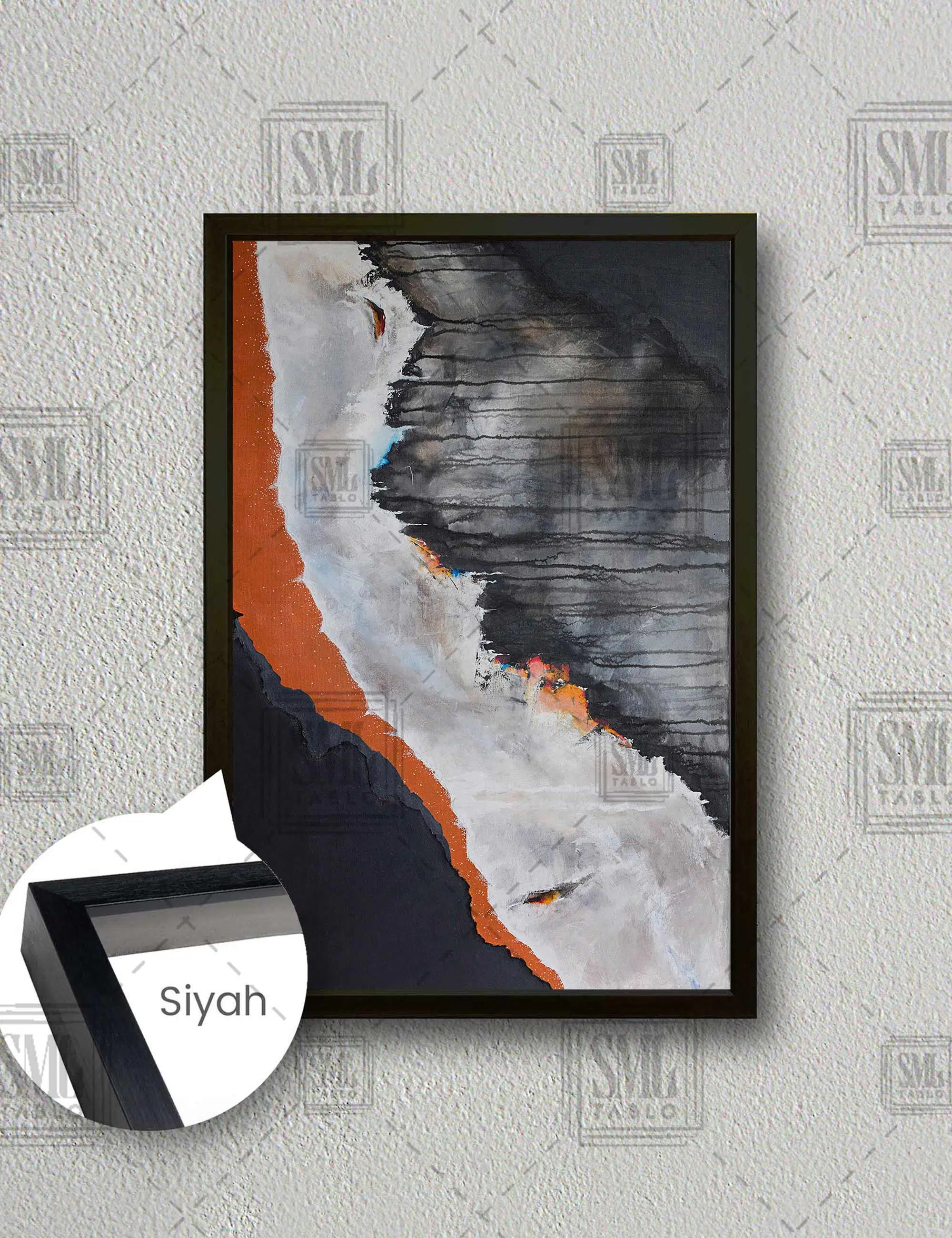 Siyah Gri Mermer Modern Dekoratif Dikey Çerçeveli Kanvas Tablo - Siyah