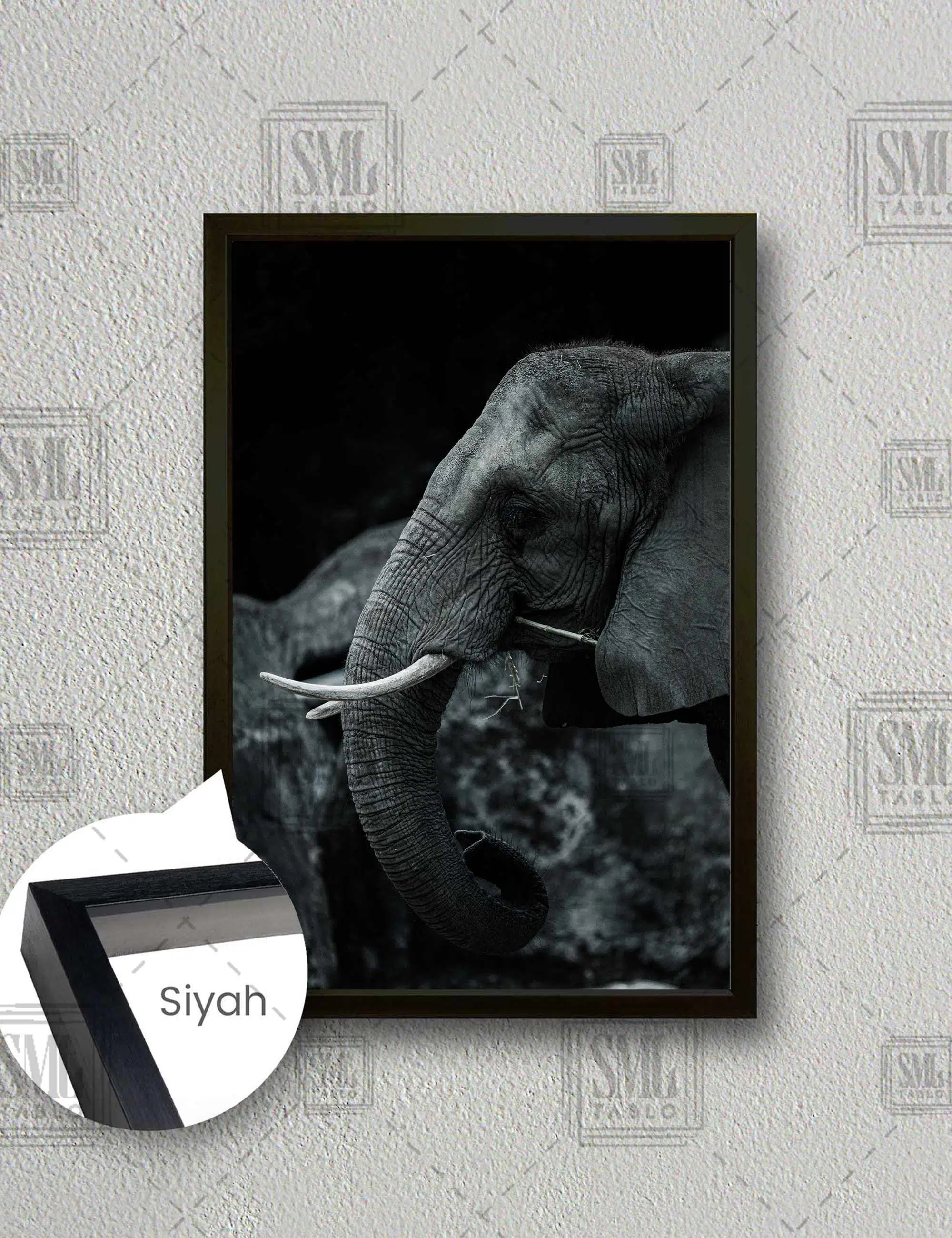 Fil Hayvan Dekoratif Modern Afrika Dikey Çerçeveli Kanvas Tablo - Siyah