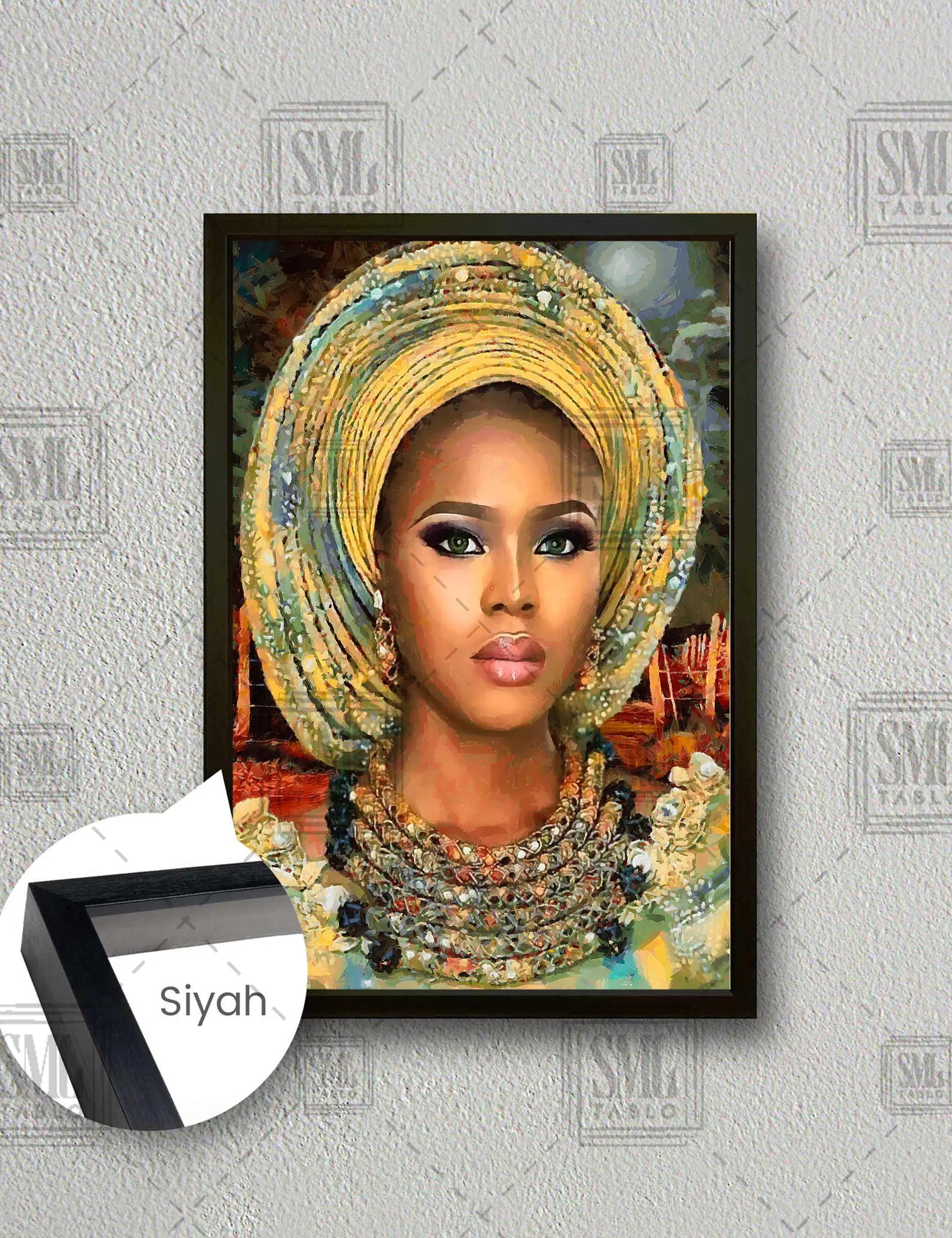 Afrikalı Kadın Takı Etnik Kıyafet African Woman Yağlı Boya Efektli Dikey Çerçeveli Kanvas Tablo - Siyah